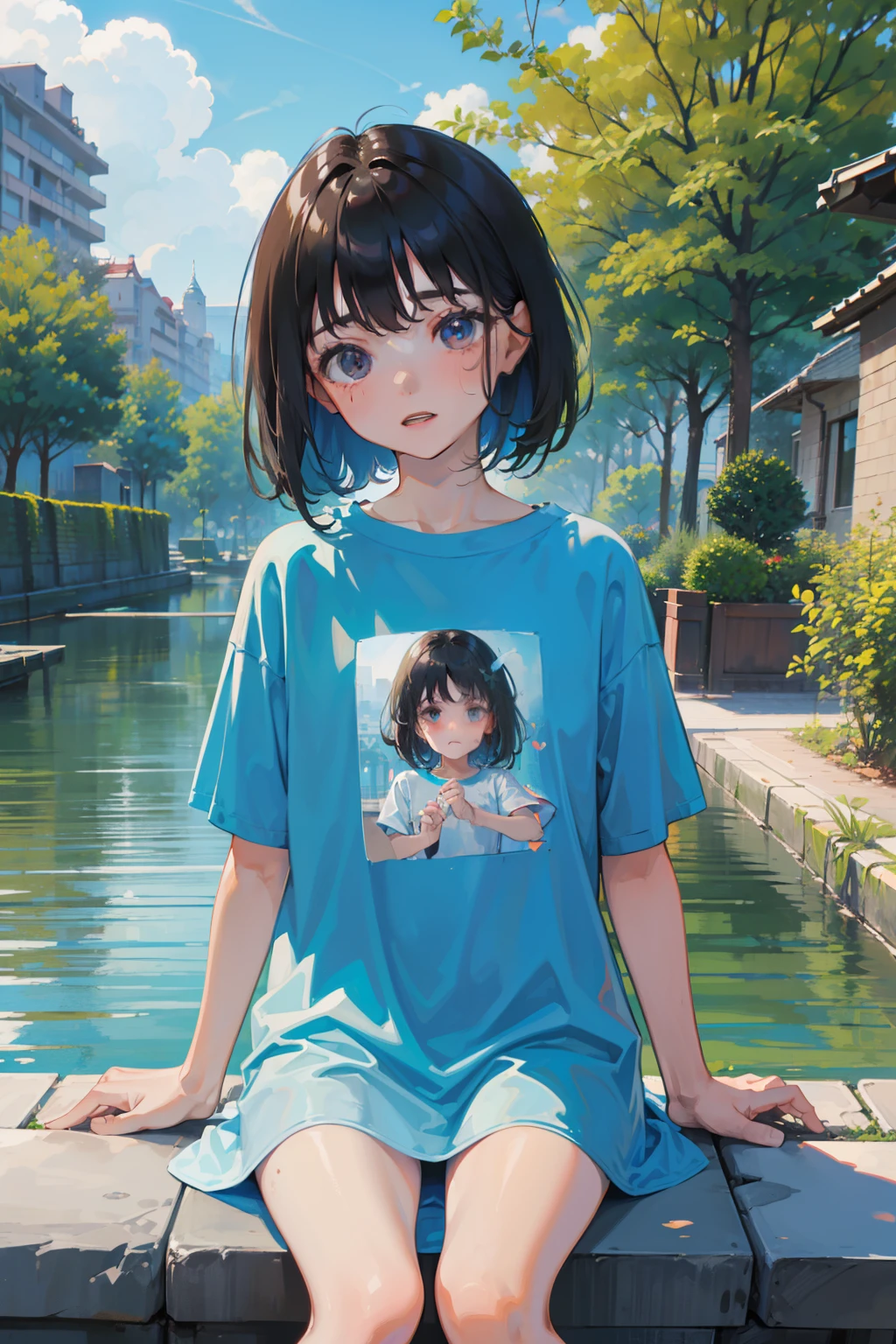 Knees,(Long T-shirt),Wet clothes,blue-sky,a park,((10 years old female child,child)),worried