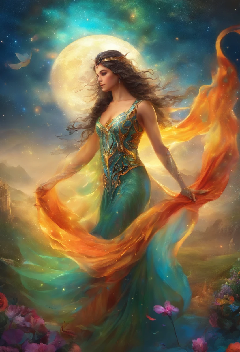 mulher negra, elegante, vivid colors, Atmospheric,sereno,((lua cheia brilhante ao lado direito):1.5),Magic, elegante, Borboletas,lua cheia, flores florescendo, em movimento, Dramatic, corpo inteiro, organic composition,Foto bruta Magic