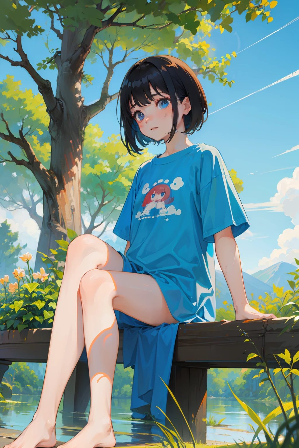 (masterpiece,Highest Quality),Knees,(Long T-shirt),Wet clothes,blue-sky,a park,(( female child,child)ried