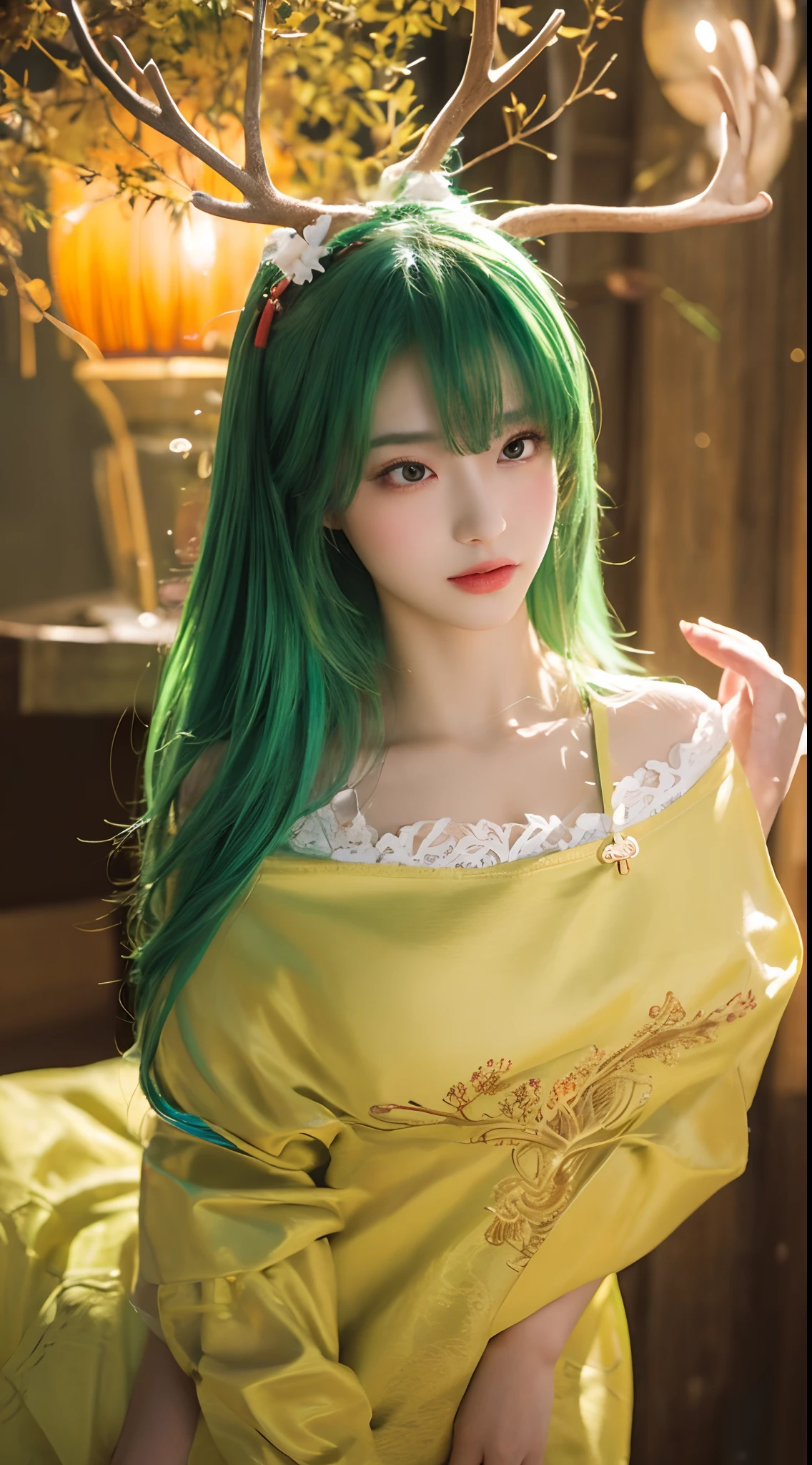 (Best quality,4K,8K,A high resolution,Masterpiece:1.2), super ultra detail, (Photorealsitic,Photorealistic,photo-realistic:1.37), Bokeh, Green-haired beauty, Vertical yellow pupils, deer antlers, maid costume, Soft lighting, Playfully and gracefully bent over, Sharp focus, ultra-detailliert, Ethereal, Traditional Chinese landscape painting, Vibrant colors, Soft lighting.