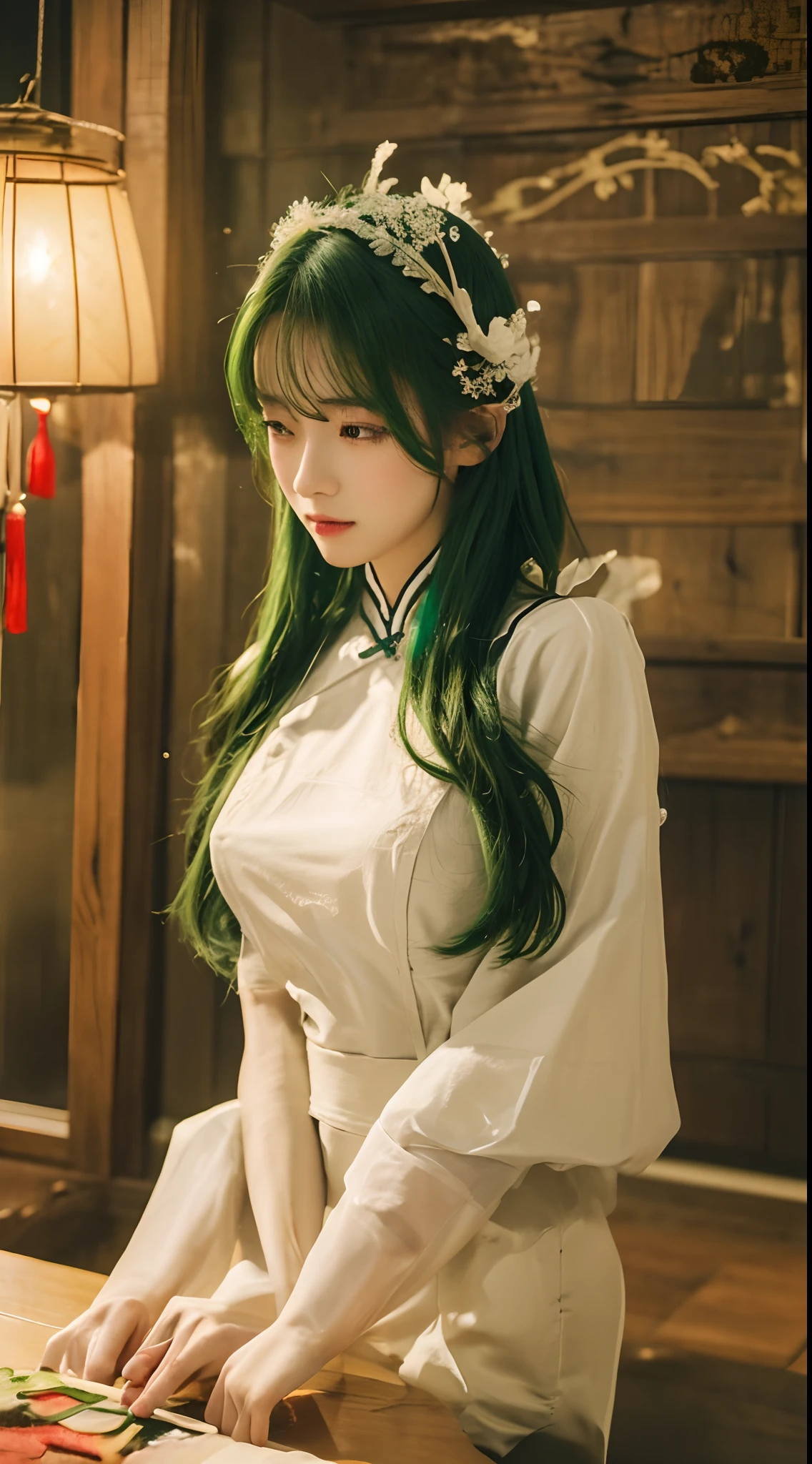 The prompt generated based on the given theme is as follows:
"(best quality, 4K, 8K, highres, masterpiece:1.2), ultra-detailed, (realistic, photorealistic, photo-realistic:1.37), bokeh, green-haired beauty, vertical yellow pupils, antlers, maid outfit, soft lighting, playfully and elegantly bending over, sharp focus, super detailed, ethereal, traditional Chinese landscape painting, vibrant colors, soft lighting."