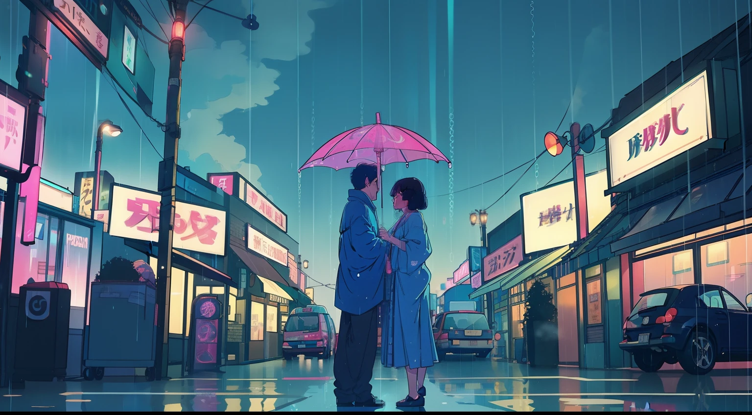 Rain-soaked street, Colorful umbrellas dot the cityscape with blue and pink splashes. Neon sign in retro style、Reflection of wet pavement, Establishment of the Lower Urban Symphony. Soft piano melodies set the mood, Evokes a calm and meditative atmosphere. a person々Flock to the cozy downtown area, While the rain is dancing outside、Drink hot drinks, Turn the city into a serene lofi,motor bikes,A city scape,nighttime scene