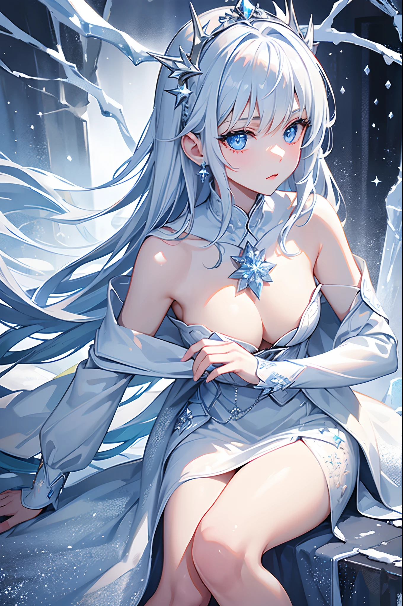 masterpiece, highlydetailed, ultra-detailed, cold, solo, (1girl), (pale skin), icyblue eyes, frosty white hair, cool Chara, flat face, young lady, lady chara, medium boobs, Arrogant, confident, cold face, goddess, cool kuudere girl, sharp eyes, (snowy background), snowflakes, (frozen flowers:0.5), (crystal crown), (sparkling ice crystals), (ice dress), (snow-covered ground), (icy breath)