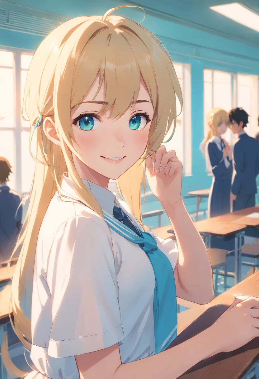 blonde woman, whitedress, at the school, Cyan eyes, one girls, Smiling