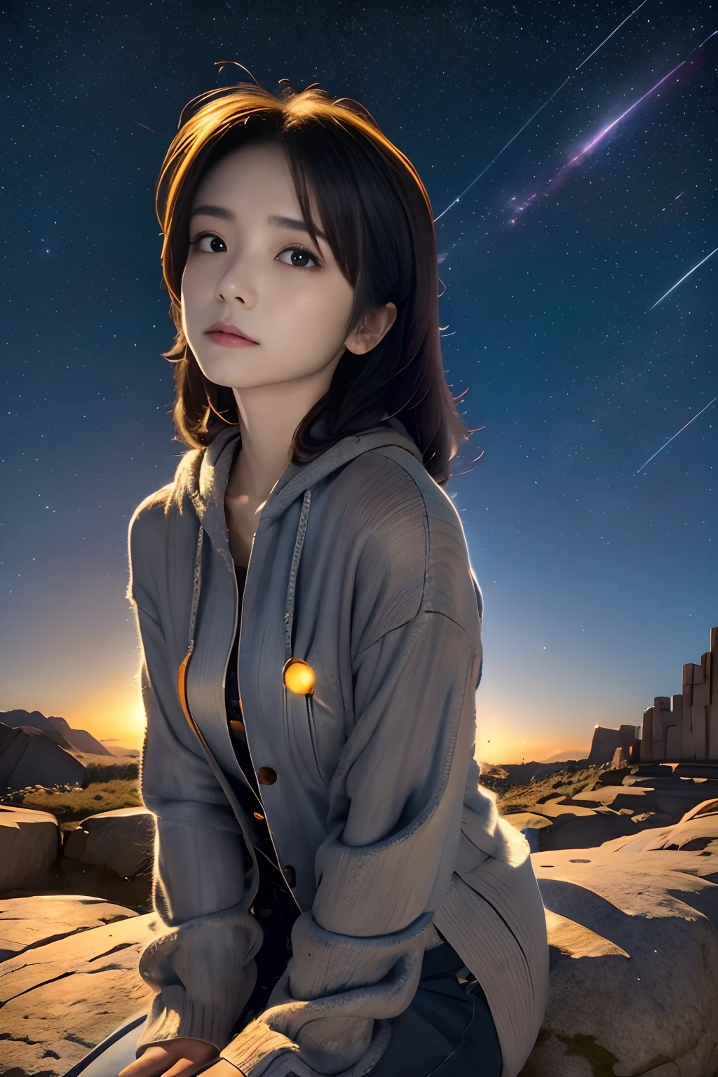 top-quality、masuter piece、ultra-detailliert、8ｋ、独奏、parfect ???????、sixteen years old、(((Girl sitting on a huge rock looking at the sky、up looking_Away:1.2、Looking at the sky)))、From Side、knit hat、Greyprint Hoodie、Straight Old Denim、bare-legged、Night、starrysky、fullmoon、milkyway、blurry backround:1.5、plein air、Mountains of the Andes々々々、Orange sky、Scaly clouds