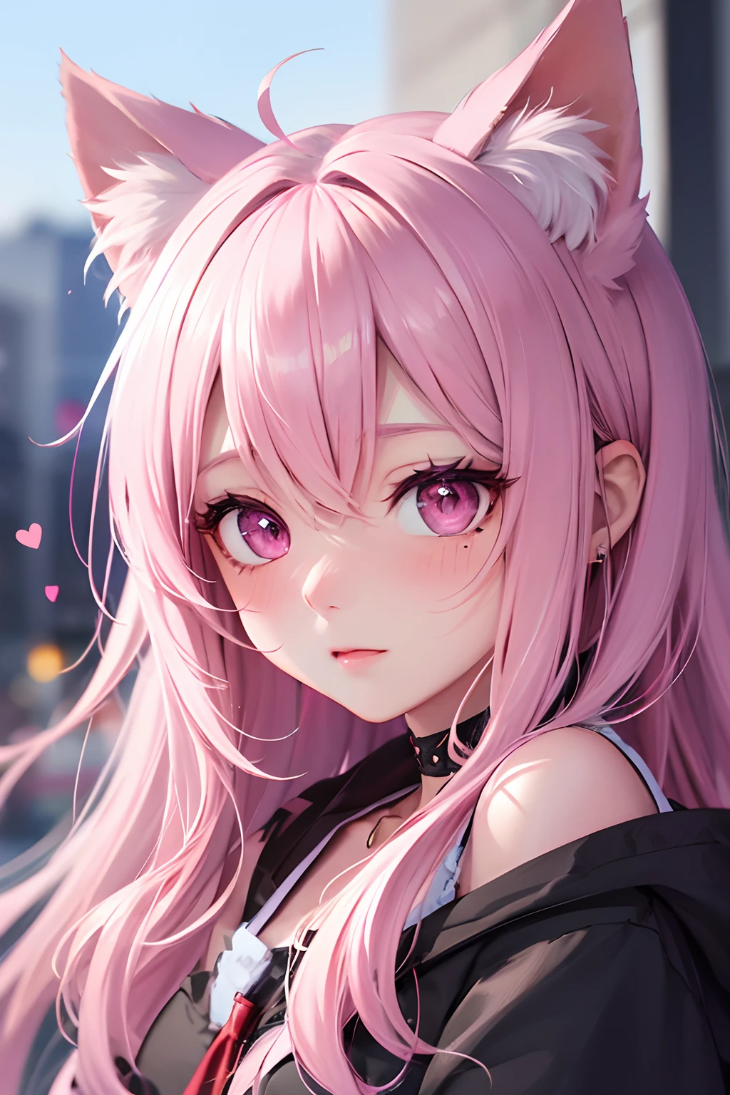 striated hair,Pink twin-tailed hair,   Mole under the eyes, mole under mouth, Heart-shaped pupil, longeyelashes, Pink eyes, Heart-shaped choker、full body Esbian、gazing at viewer、Shy, blush, tusk, ear blush, nose blush,Anime style, Color Field Painting, Ray tracing, bloom, One-person viewpoint, nffsw, awardwinning, 16 K, Best Quality, high details, High quality, masutepiece, hight resolution, ccurate, Super Detail、Cat without ears