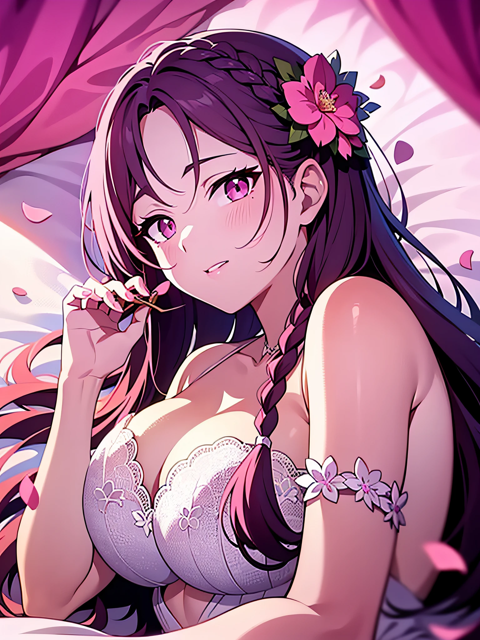 in 8K、top-quality、​masterpiece、ultra-detailliert、Ultra-high resolution、Anime style、on the beds、laying on back、Pink cheeks、pink lipsticks、A dark-haired、Braided hair、weddingdress、flower petals