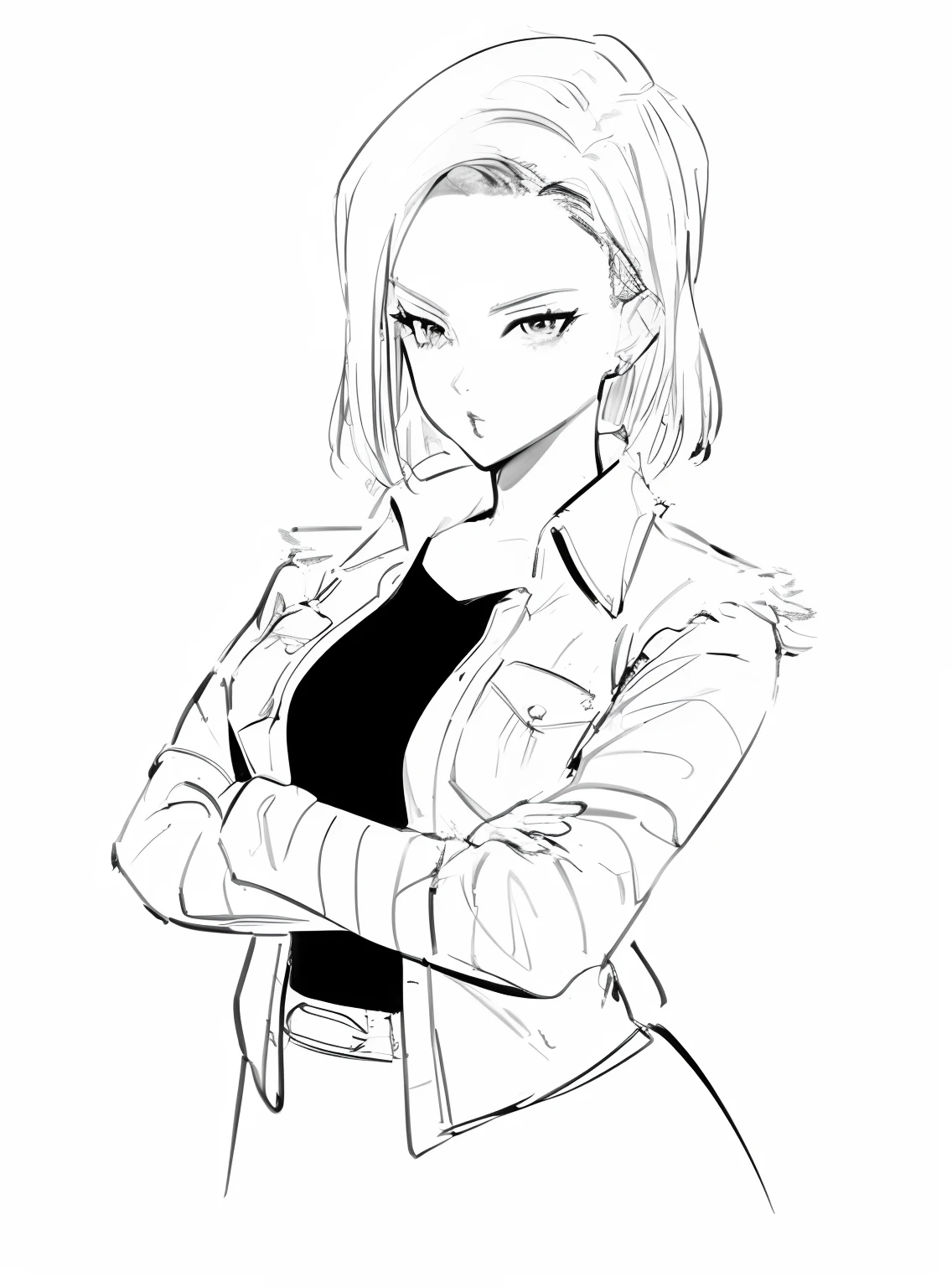 Painting of a woman in a jacket and black blouse, Android 18, perfect lineart, anime style character, anime style drawing, looking like annie leonhart, extremely fine ink lineart, annie leonhart, intense line art, female anime character, Female protagonist 👀 :8, saiyan girl, black on white line art, black and white manga style