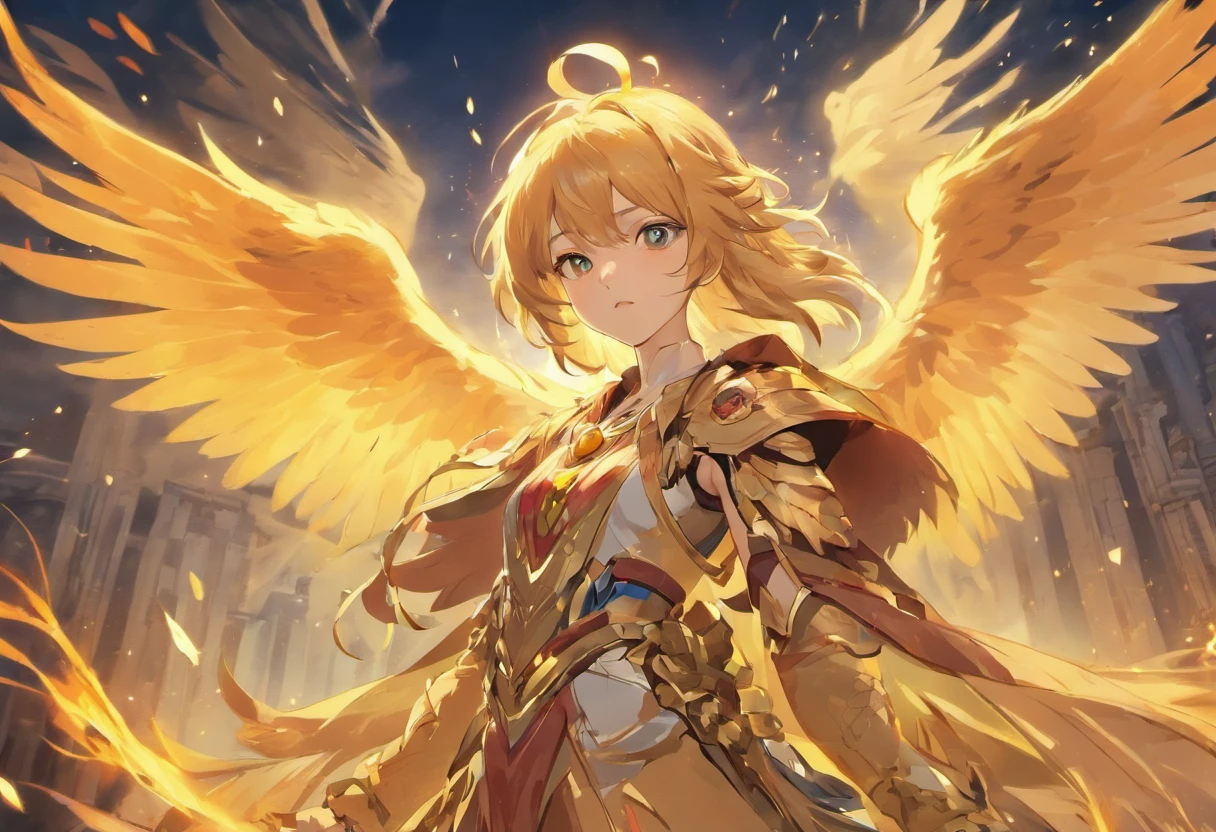 Gryphon, mythological creatures, Majestic, Powerful wings, Lion body, Eagle head, Fierce gaze, Sharp claws, feater, Golden beak, Large size, Flying, Mountains, Cloudy sky, Ancient ruins, Fantasy realm, mythological landscape, Epic, magical, mythological creatures, mythological beasts, Fierce, Mythical monsters