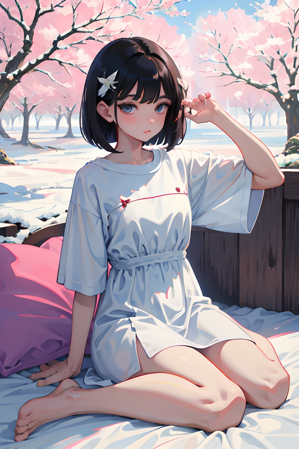 wariza，Curtsey，child，（​masterpiece，Highest Quality），(shortsleeves，plain t-shirt dress)，Sleepy face，Round eyes，A dark-haired，Semi-long bob，bare-legged，snow field，cherry trees