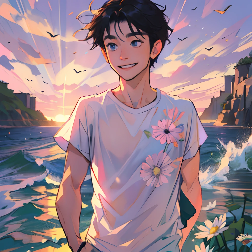 Boys，Sunny and cheerful，Handsome，With short black hair，Wearing a white T-shirt，The t-shirt has a small daisy print，Looking into the camera with a smile。The sun's rays illuminate his face，Hair blows in the wind，The background is the sea，Pink-purple sky。Please draw this scene in the Miyazaki style。