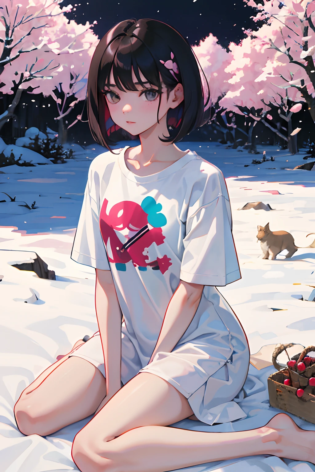 wariza，Curtsey，，（​masterpiece，Highest Quality），(shortsleeves，Plain T-shirt，onepiece)，Sleepy face，Round eyes，A dark-haired，Semi-long bob，bare-legged，snow field，cherry trees