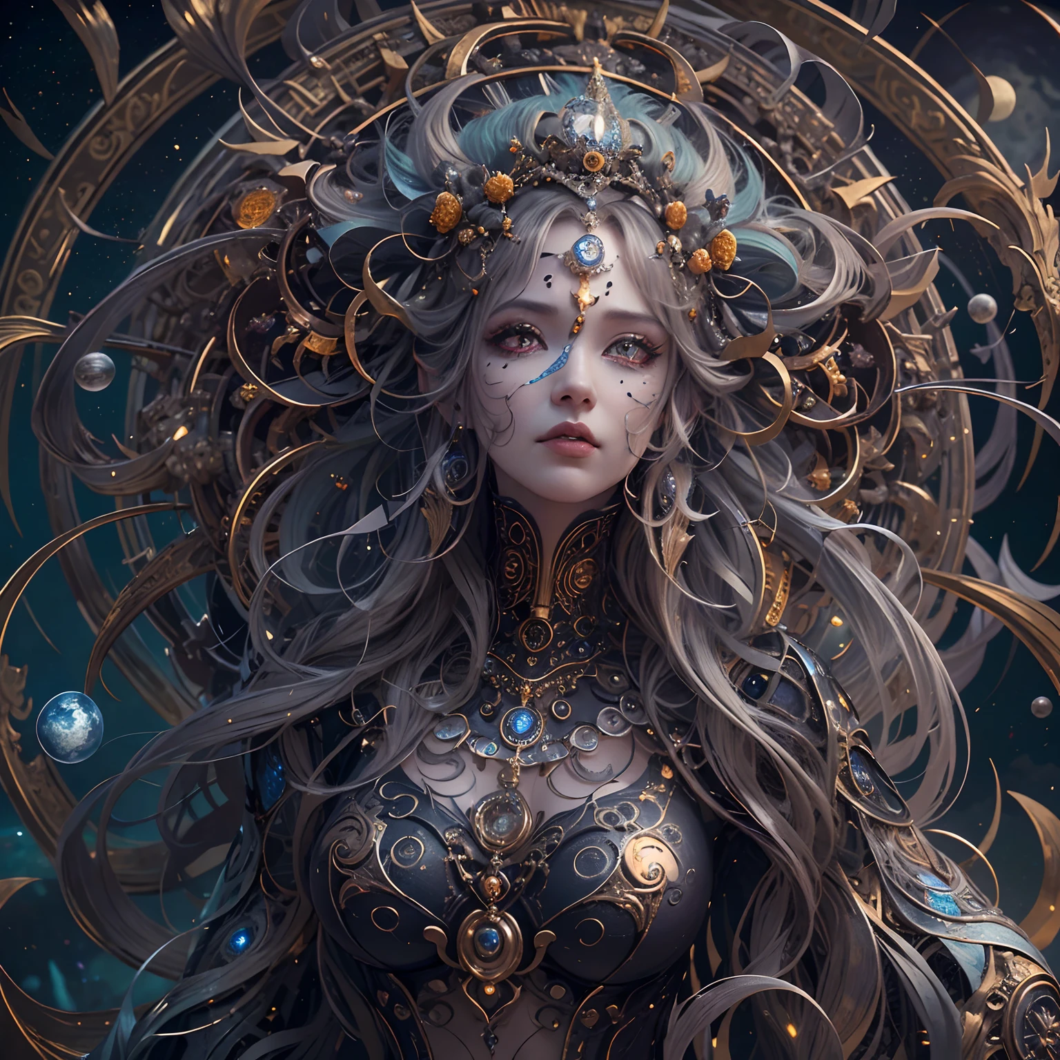 （best qualtiy，ultra - detailed，Most Best Illustration，Best Shadow，tmasterpiece，hight resolution，professionalartwork，famousartwork），Detailed eyes，beautidful eyes，closeup cleavage，sci-fy，colored sclera，Robotic eyes，face markings，tattooed，（fractalized，Fractal Eye），largeeyes，wide eyes，（Eye focus），sface focus，the eye of the universe，the eye of the universe，Close up of metal sculpture of woman with moon in hair，goddes。extremely high detail，3 d goddess portrait，Highly detailed footage of the goddess，a stunning portrait of a goddess，Side image of the goddess，portrait of a beautiful goddess，Full body close-up of goddess，Goddess of Hecate，portrait of a norse moon goddess，goddess of space and time