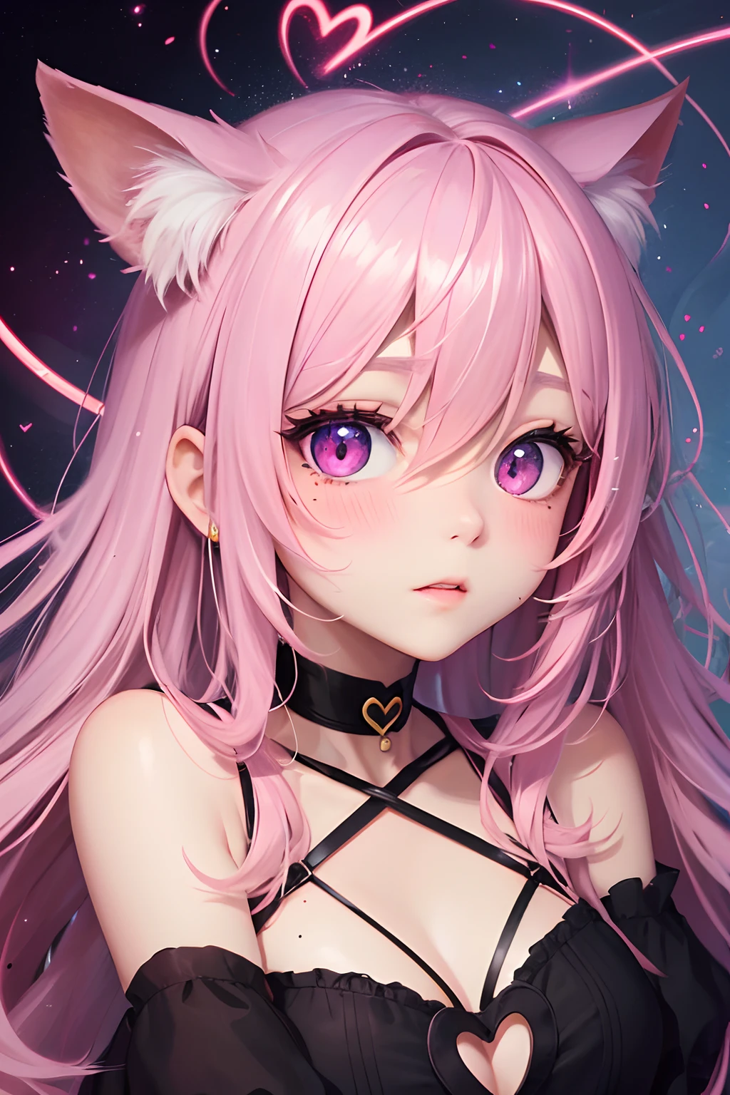 striated hair,Pink twin-tailed hair,   Mole under the eyes, mole under mouth, Heart-shaped pupil, longeyelashes, Pink eyes, Heart-shaped choker、full body Esbian、gazing at viewer、Shy, blush, tusk, ear blush, nose blush,Anime style, Color Field Painting, Ray tracing, bloom, One-person viewpoint, nffsw, awardwinning, 16 K, Best Quality, high details, High quality, masutepiece, hight resolution, ccurate, Super Detail、Cat without ears