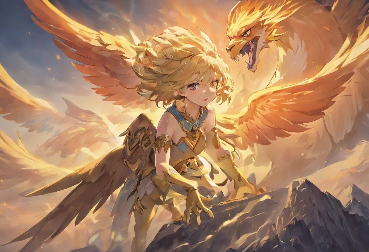 Gryphon, mythological creatures, Majestic, Powerful wings, Lion body, Eagle head, Fierce gaze, Sharp claws, feater, Golden beak, Large size, Flying, Mountains, Cloudy sky, Ancient ruins, Fantasy realm, mythological landscape, Epic, magical, mythological creatures, mythological beasts, Fierce, Mythical monsters