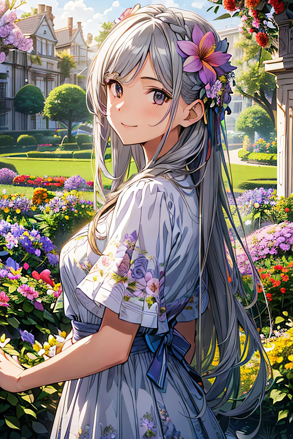 absurderes, hight resolution, (Official art, Beautiful and aesthetic:1.2), (Close View:1.2), Front composition, 
1girl in, (Long hair:1.2), Gray hair, Wavy Hair, Smile, 
(Everywhere in the flower garden:1.6), (Flower Effects:1.2), (Floral background:1.2), (Background filled with flowers:1.4), (Fancy backgrounds:1.1),