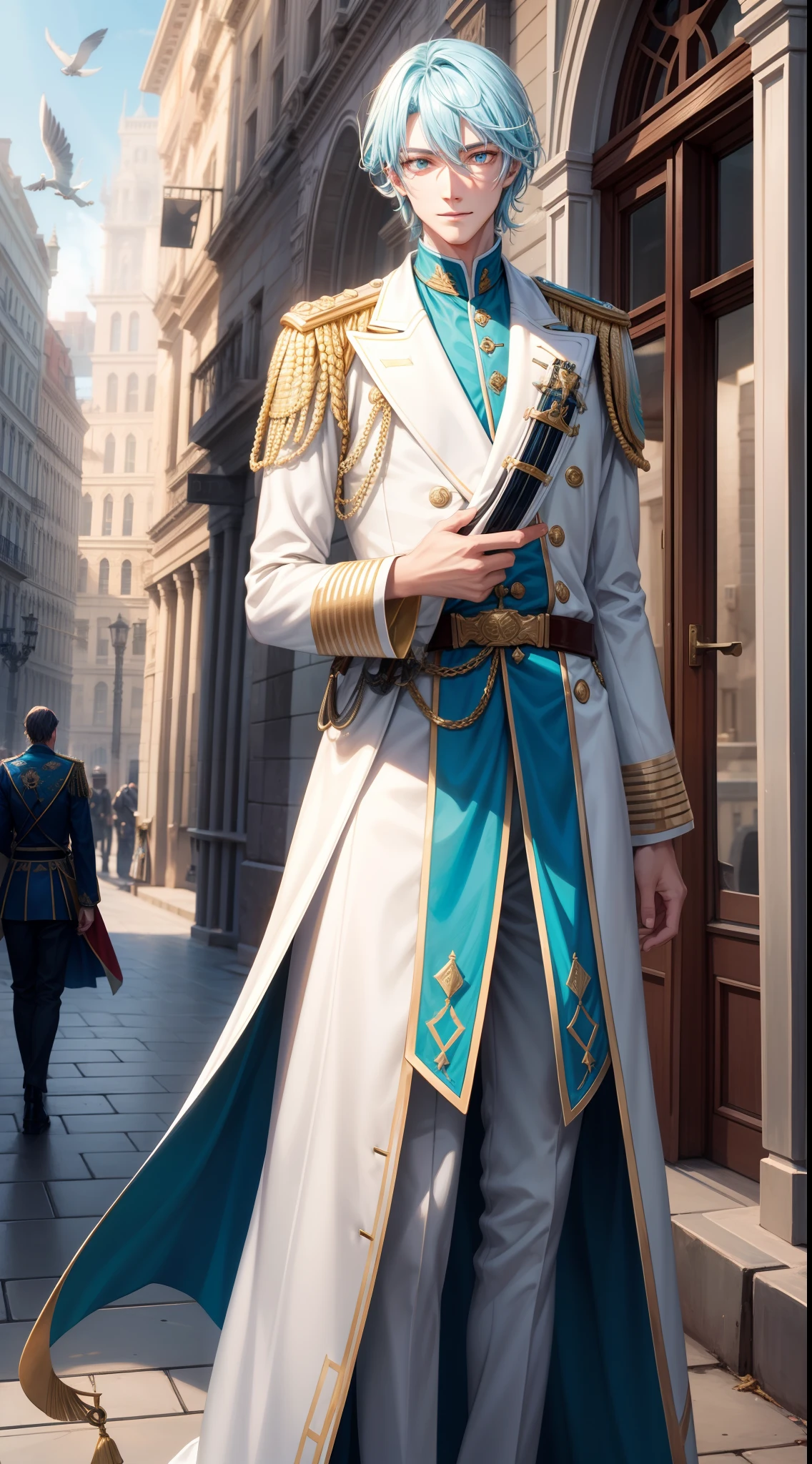 Tall guy, Stunted pigeons, Cyan eyes, ssmile, Beautiful white soldier's uniform, Gold Elements, Two magic pistols, hiquality, 4k, HD, Good detail