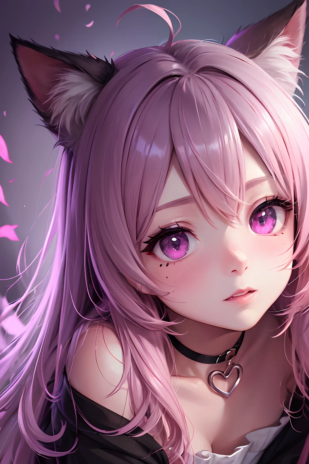striated hair,Pink twin-tailed hair,   Mole under the eyes, mole under mouth, Heart-shaped pupil, longeyelashes, Pink eyes, Heart-shaped choker、full body Esbian、gazing at viewer、Shy, blush, tusk, ear blush, nose blush,Anime style, Color Field Painting, Ray tracing, bloom, One-person viewpoint, nffsw, awardwinning, 16 K, Best Quality, high details, High quality, masutepiece, hight resolution, ccurate, Super Detail、Cat without ears