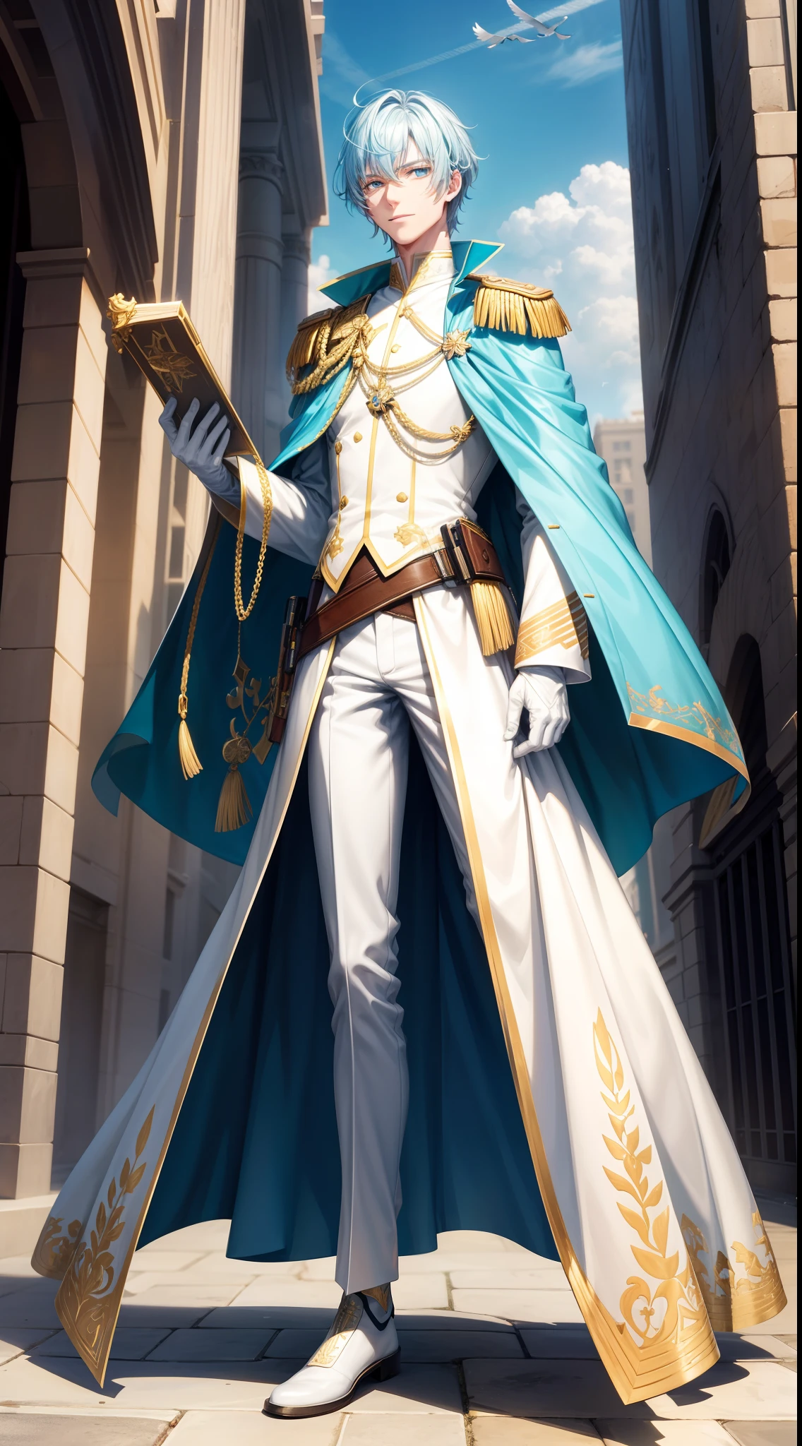 Tall guy, Stunted pigeons, Cyan eyes, ssmile, Beautiful white soldier's uniform, Gold Elements, Two magic pistols, hiquality, 4k, HD, Good detail