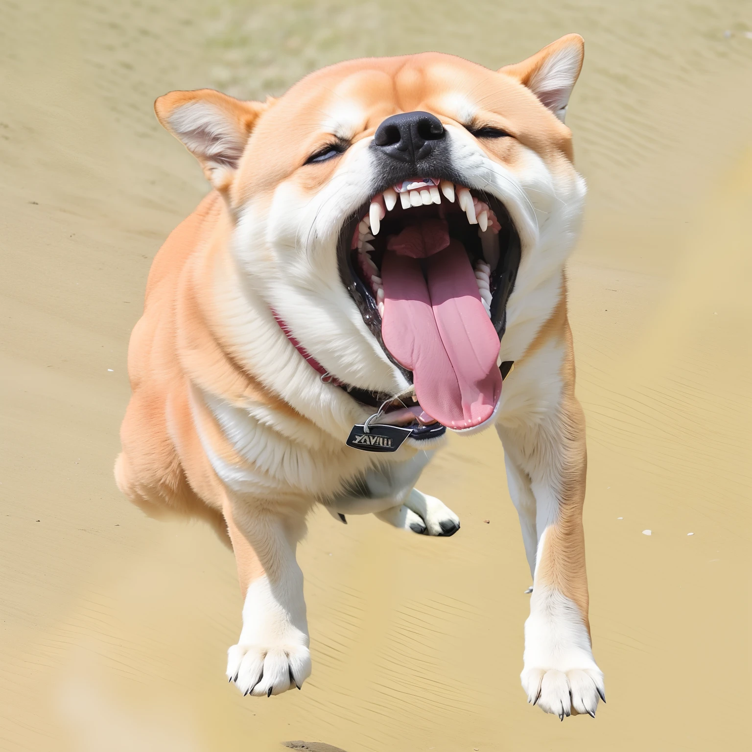 The Aravi opens its mouth，Tongue open, snarling dog teeth, yelling furiously, japanese dog, scary angry pose, sneering, Yelling, dog teeth, Very angry, clench one's teeth, shibu inu, Shiba dog, rabies, mouth open in a terrifying roar, an angry, shiba inu dog