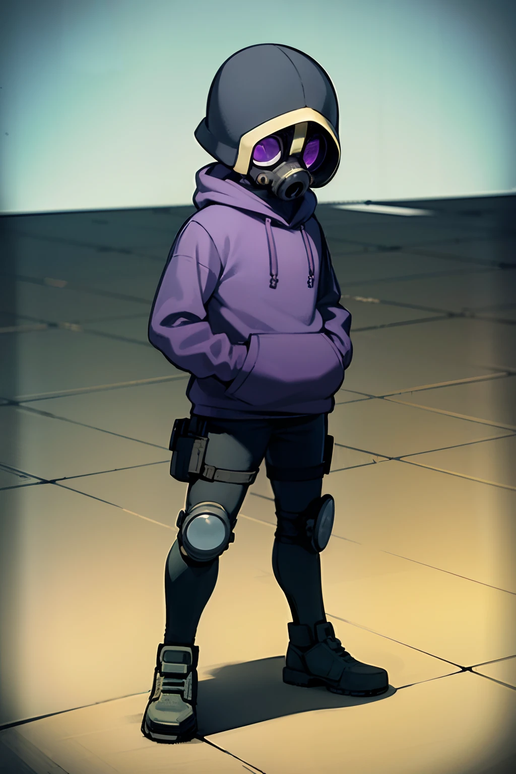 (((gas mask))), solo, brown hair, 1boy, hat, shadow, looking at viewer, short hair, baseball cap, green headwear, tile floor, black headwear, gradient, tiles, simple background, shirt, blue sky, standing, respirator, full body, male focus, outdoors, gradient background, blue background, (((purple hoodie))),