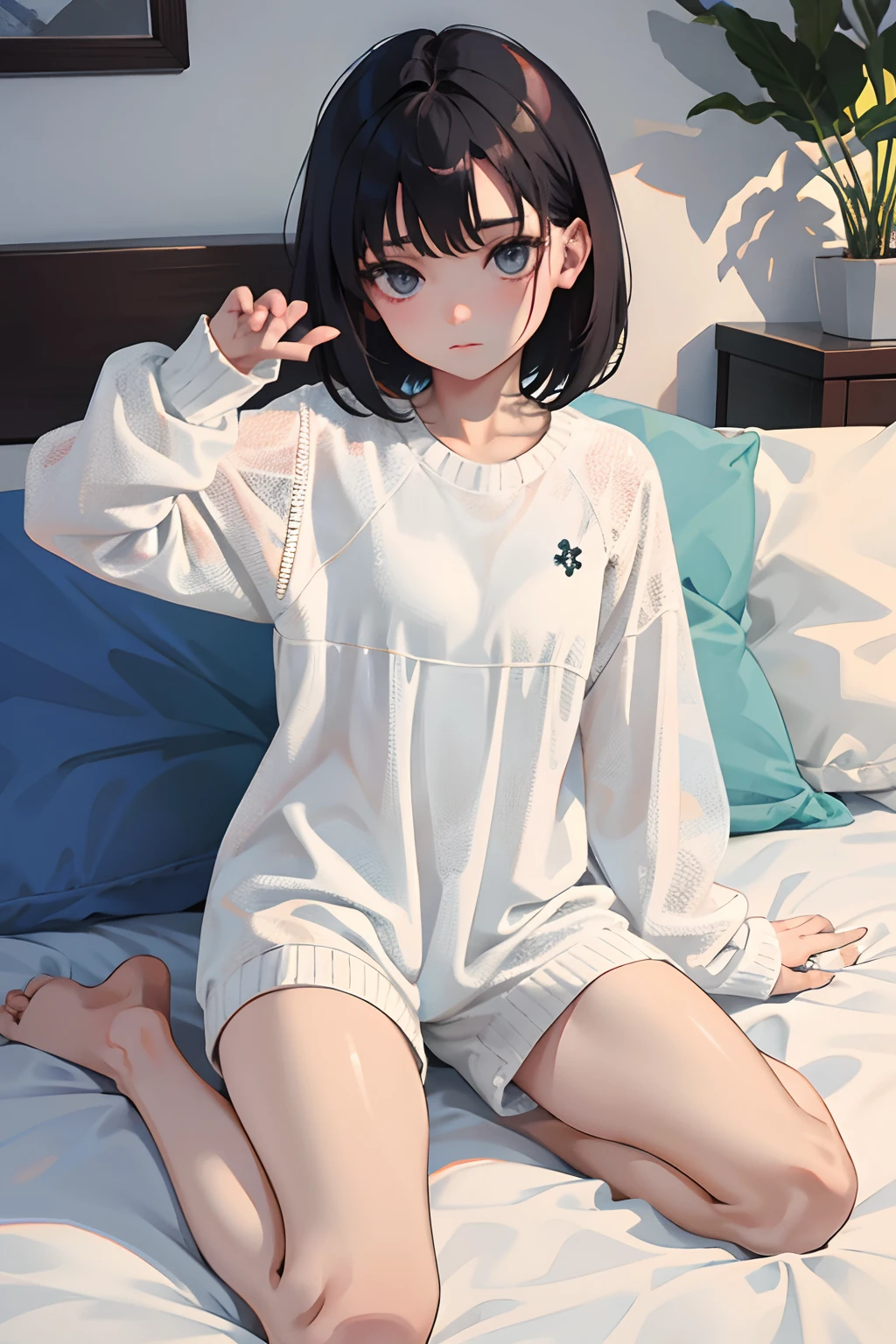 wariza，，（​masterpiece，Highest Quality），room wear，Knitted long-sleeved shirt and hot pants，Sleepy face，Round eyes，A dark-haired，Semi-long bob，bare-legged，in a house