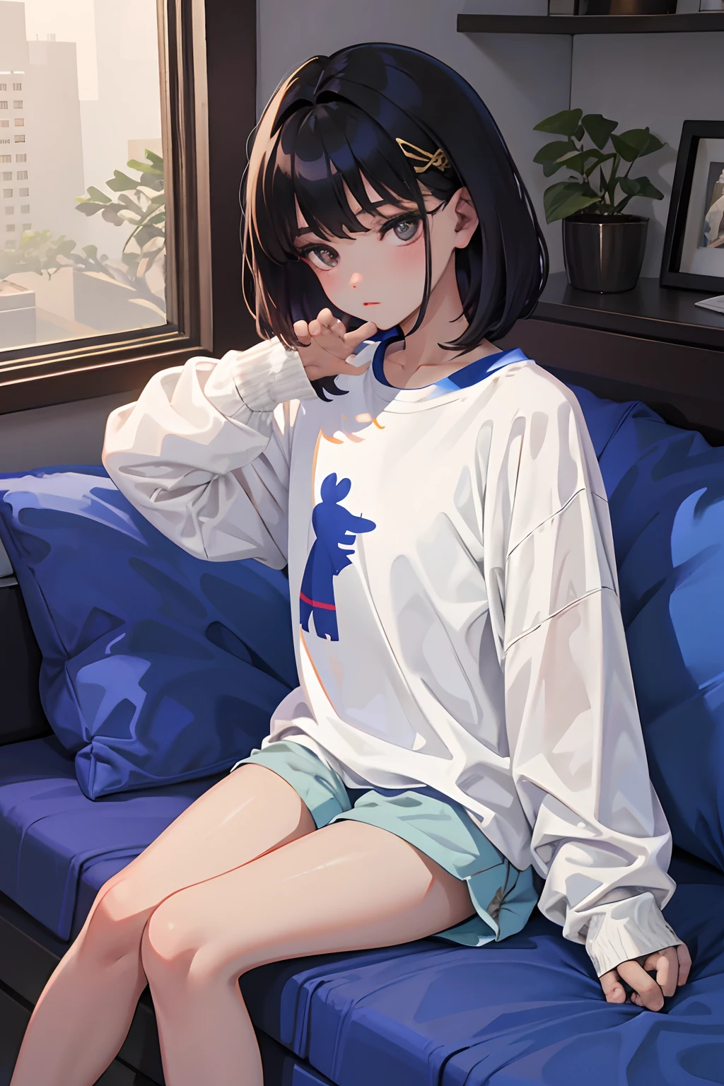 wariza,,(masterpiece,Highest Quality),room wear,Boa fleece long-sleeved shirt and hot pants,Sleepy face,Round eyes,A dark-haired,Semi-long bob,bare-legged,in a house