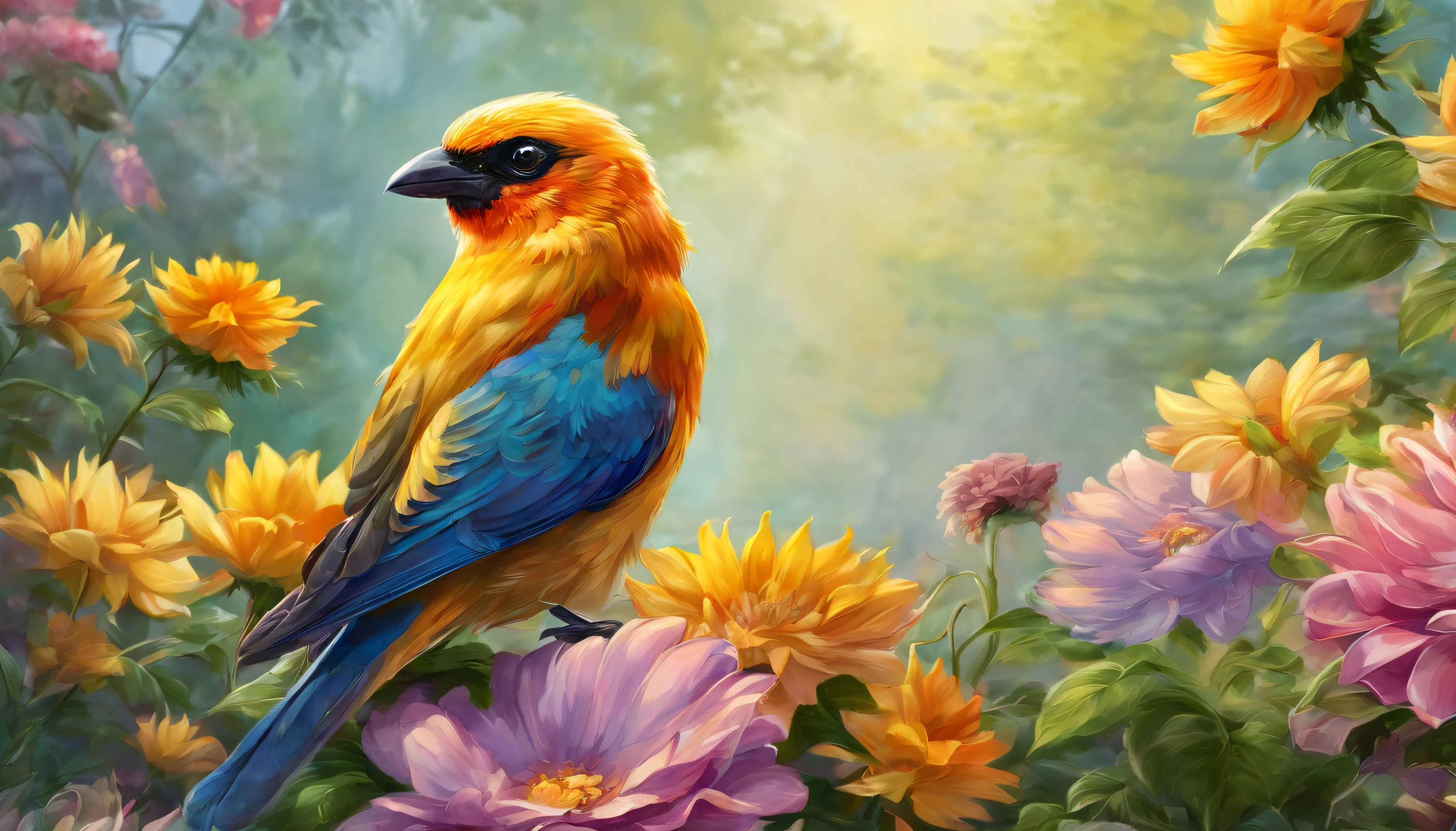 there are two birds sitting on a fence surrounded by flowers, colorful hd picure, colorful birds, birds and butterflies, blue and yellow fauna, magical colorful flowers, realistic flowers oil painting, crystallic sunflowers, nature painting, butterflies and birds, beautiful nature, birds in the sunlight, beautiful painting of friends, mystical birds, bright sunny day,