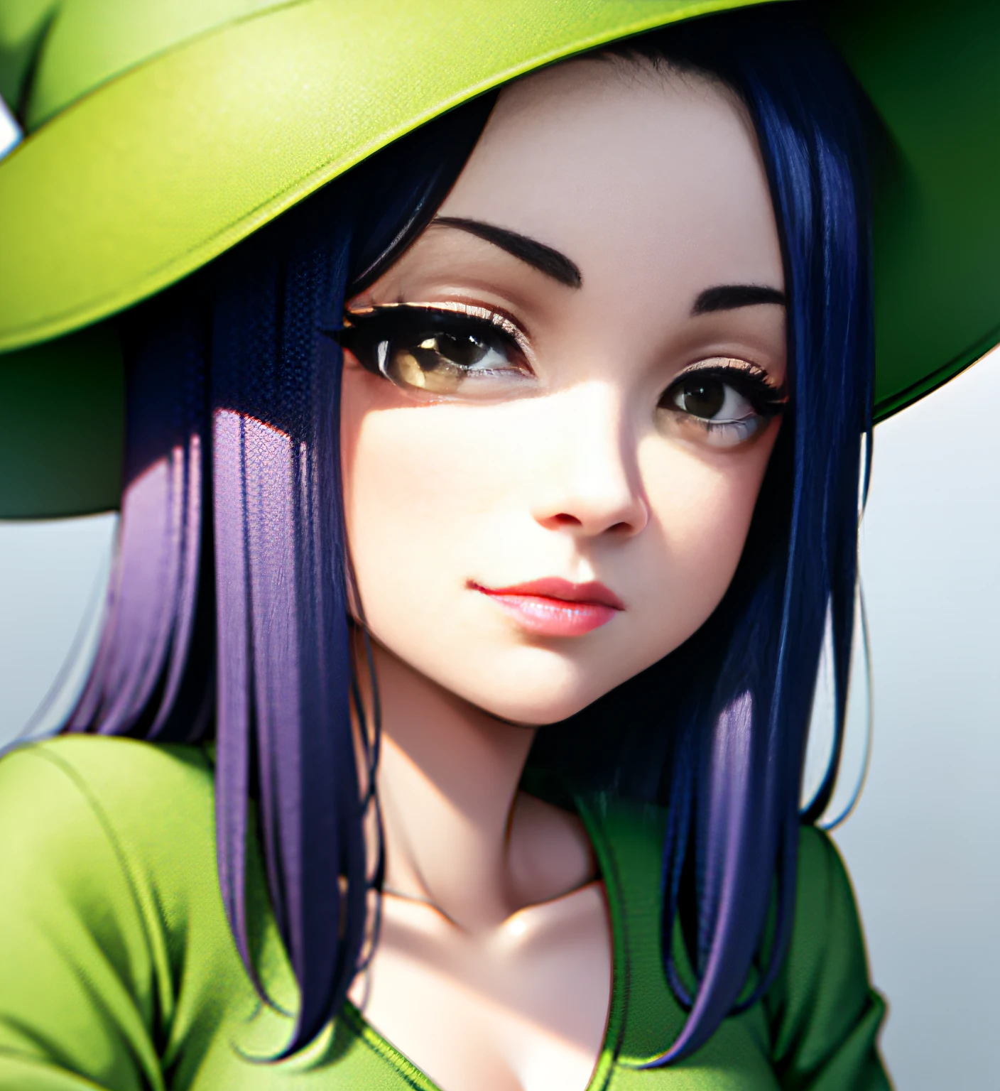 a close up of a person wearing a hat and a green shirt, cindy avelino, she has a cute expressive face, movie still of the alien girl, screenshot from a movie, inspired by Adam Dario Keel, chilled out smirk on face, girl next door innocent look, menacing look, wearing a chocker and cute hat, straight eyebrows