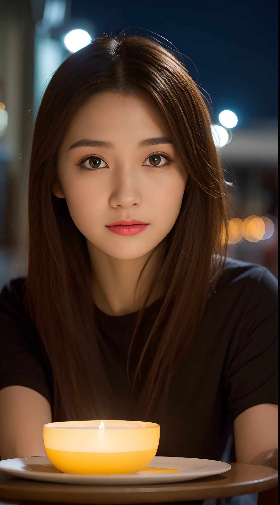 ((Midnight, Best Quality, 8K, Realistic)), Full Body: 1.2, Slender Abs: 1.2, ((Up-tied dark brown hair: 1.2, Medium Breasts: 1.2)), (Tight tshirt: 1.1, Sitting: 1.1, Natural makeup), (Outdoor, Simple dinner table, Outside restaurant, Realistic crowded background, Night lights: 1.1), Highly detailed face and skin texture, detailed eyes, double eyelids, single shot, face looking at the camera, selfie camera view, (Holding the camera: 1.1, Selfie: 1.2)