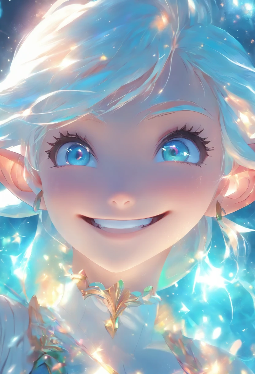 white colored hair, one girls, Very beautiful, A kind look, Smiling, Cyan eyes, Elf Ears, in an unusual costume