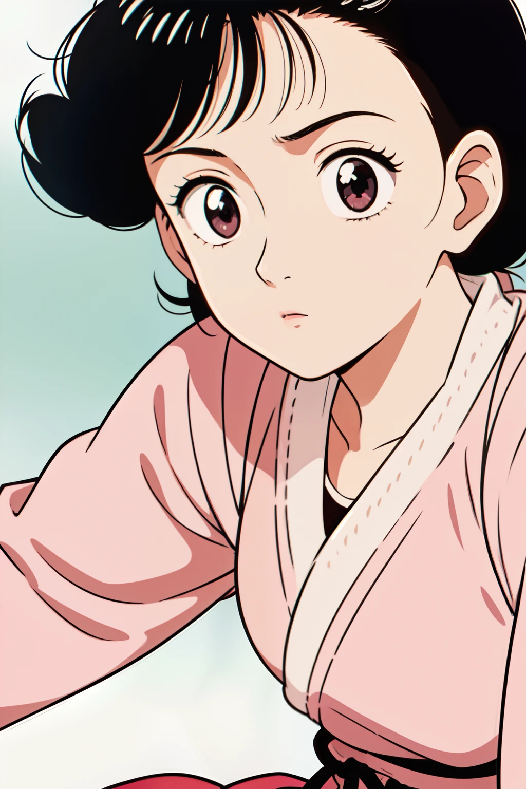 1girl, solo, solo focus, YAWARA \(YAWARA!\), ((Urasawa_Naoki style)), 18yo, short hair, black hair, black eyes, middle brests, one-side-up short-tail, pink camisole, red skirt, face close-up, face focus, front focus, front view, upper body,