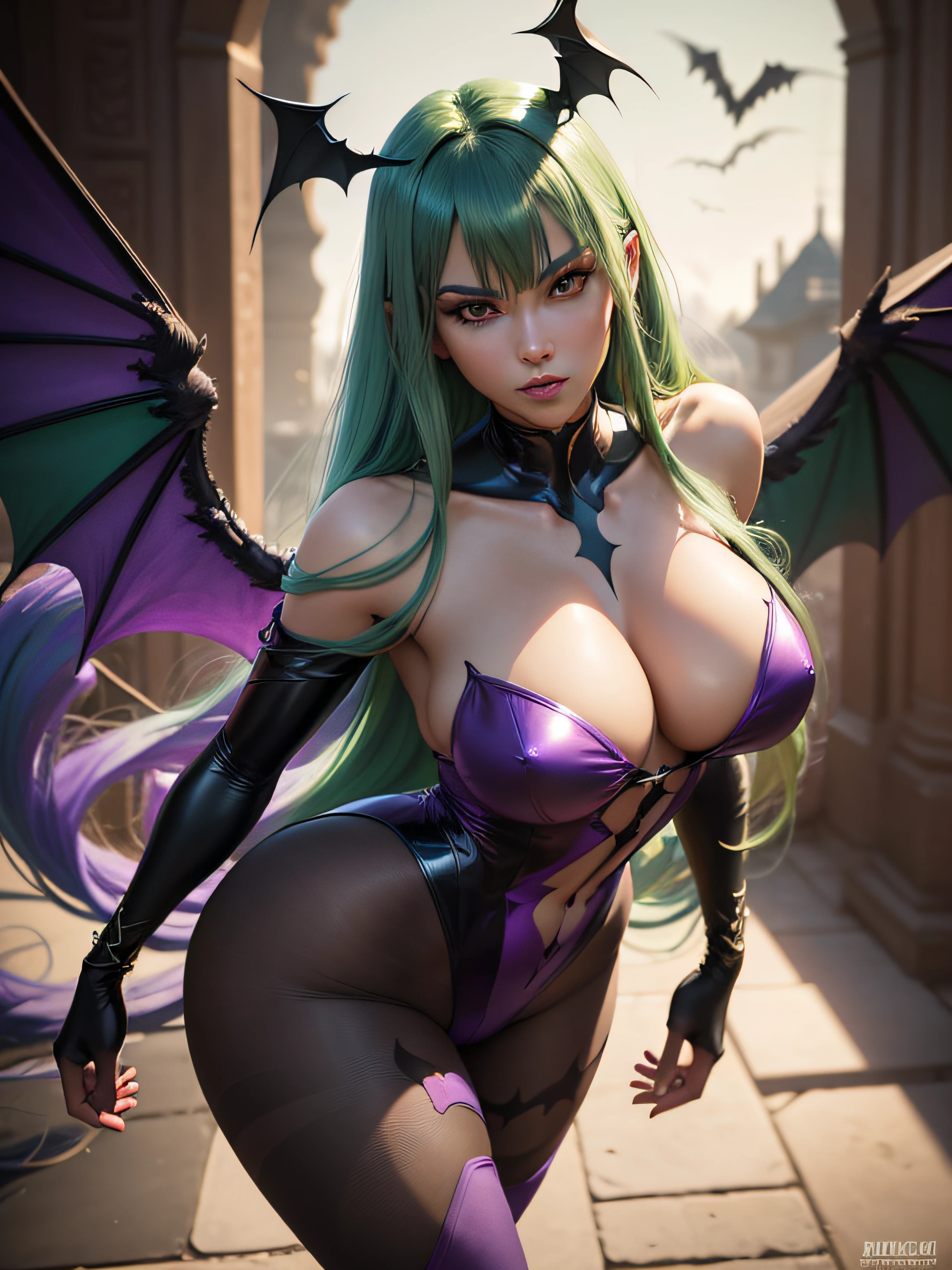 NSFW, sexy, revealing porn, Arti modern anime. angled view, heroic pose, closeup portrait of stunningly beautiful Morrigan Aensland from Darkstalkers she has ((long green hair with fringe)), has bat wings, ((black short bodysuit)) ((purple tights)), dynamic pose, full body, stunning body, inside a dark haunted castle, full moon, coy flirty sexy expression, slim body, highly ornamented and detailed, pantyhose, depth of field blur effect, night, full zoom, action portrait, photorealistic. cinematic lighting, highly detailed. best quality, 4k, Better hand, perfect anatomy, leaning forward, foreshortening effects, coy flirty sexy expression, high heels, fighting pose, foreshortening effect, wings