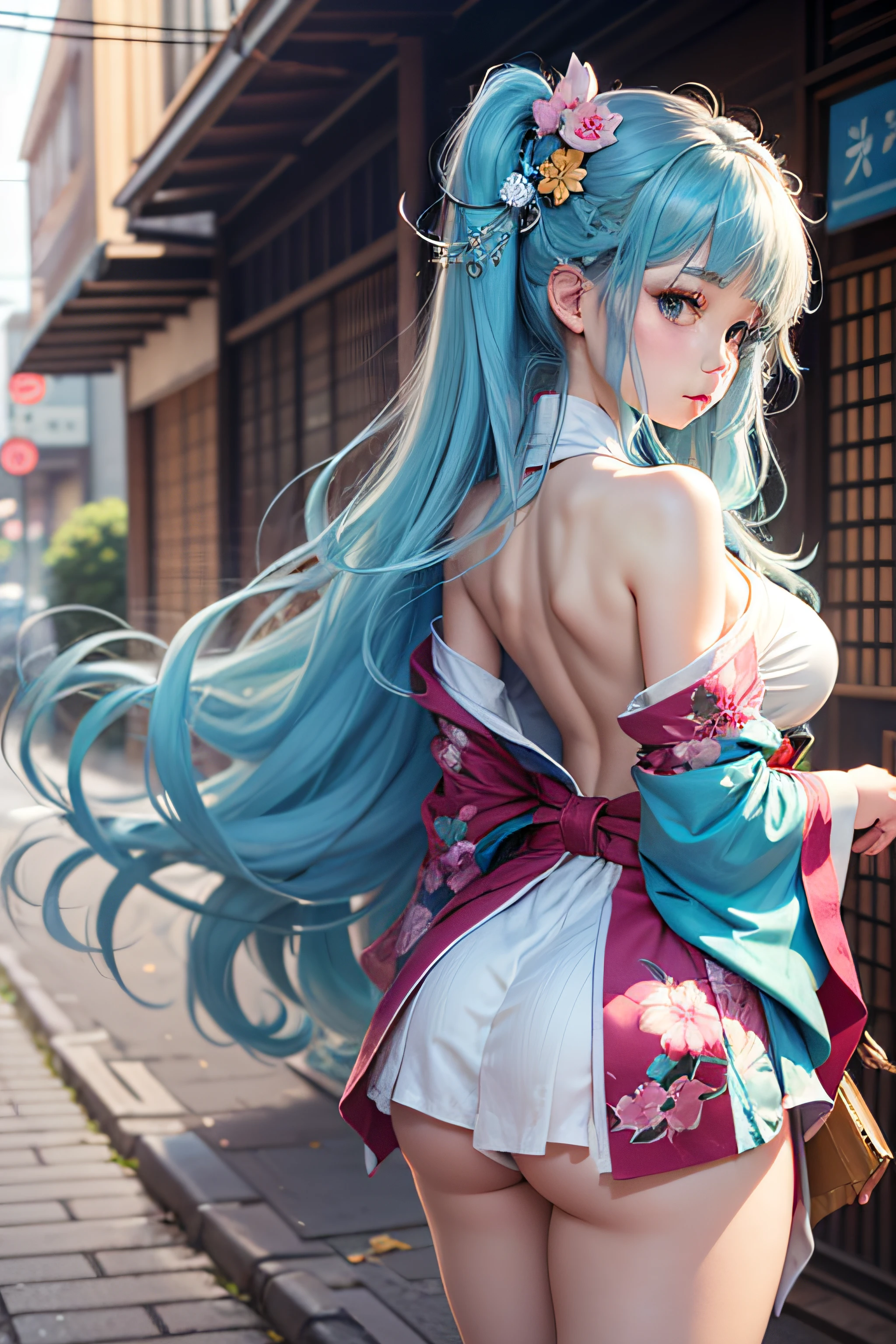 Anime High Girl, Wear a sexy kimono, Short kimono, Bare arms, Bare back, Bare shoulder, Walking, Long hair, Light blue hair, look at viewr, Blue eyes