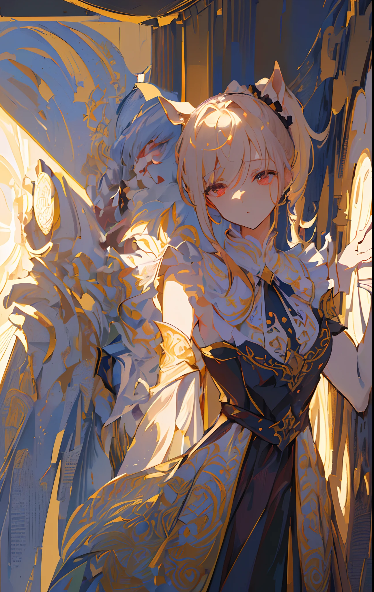 (((Masterpiece,best qualityer,offcial art,Extremely detailed CG8k wallpaper,full bodyesbian,illustration, GameCG, the wallpaper,)),((cinmatic lighting,Heavy lighting,Volumetriclighting,Tyndall effect,strong rimlight,Contre-Jour)),((airbrush,complementary colours,Thick coating),((1 Extremely delicate and beautiful girl)),solo person,(Detailed horse ears),(Detailed ponytail),(detail in face),(Detailed hands),{{{solid red eyes}}}, {(whaite hair)，{hair between eye}，high ponytails)},(Beautiful and delicate eyes),((美丽细致的眼睛)),{{{Small breasts}}},{ornate garment,decorated in white},((intricately details)),,(detailedbackground),reflective light,Chiaroscuro,detailedlight,Dynamic pose,Good lighting,Detailed background,