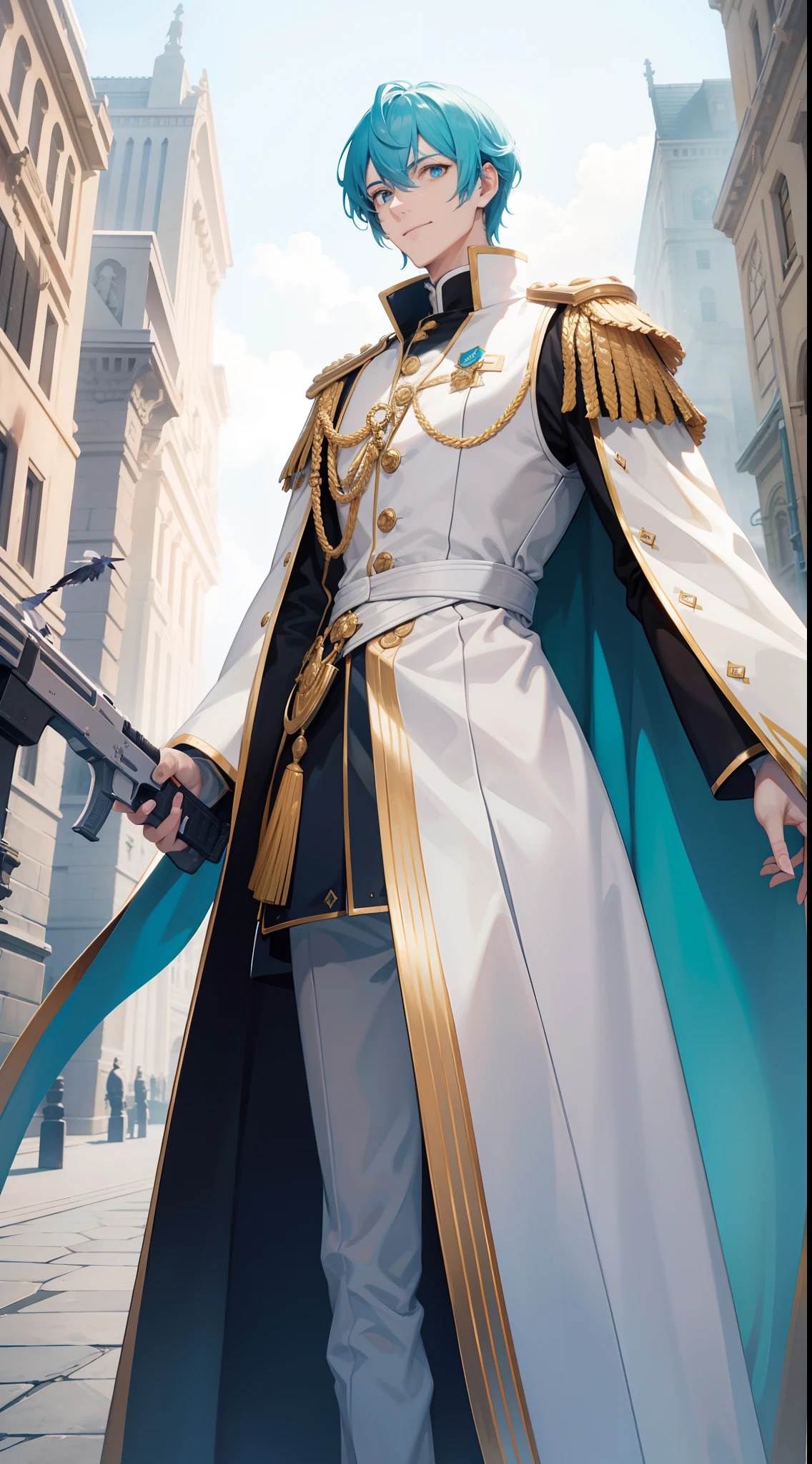 Tall guy, Stunted pigeons, Cyan eyes, ssmile, Beautiful white soldier's uniform, Gold Elements, Two magic pistols, hiquality, 4k, HD, Good detail