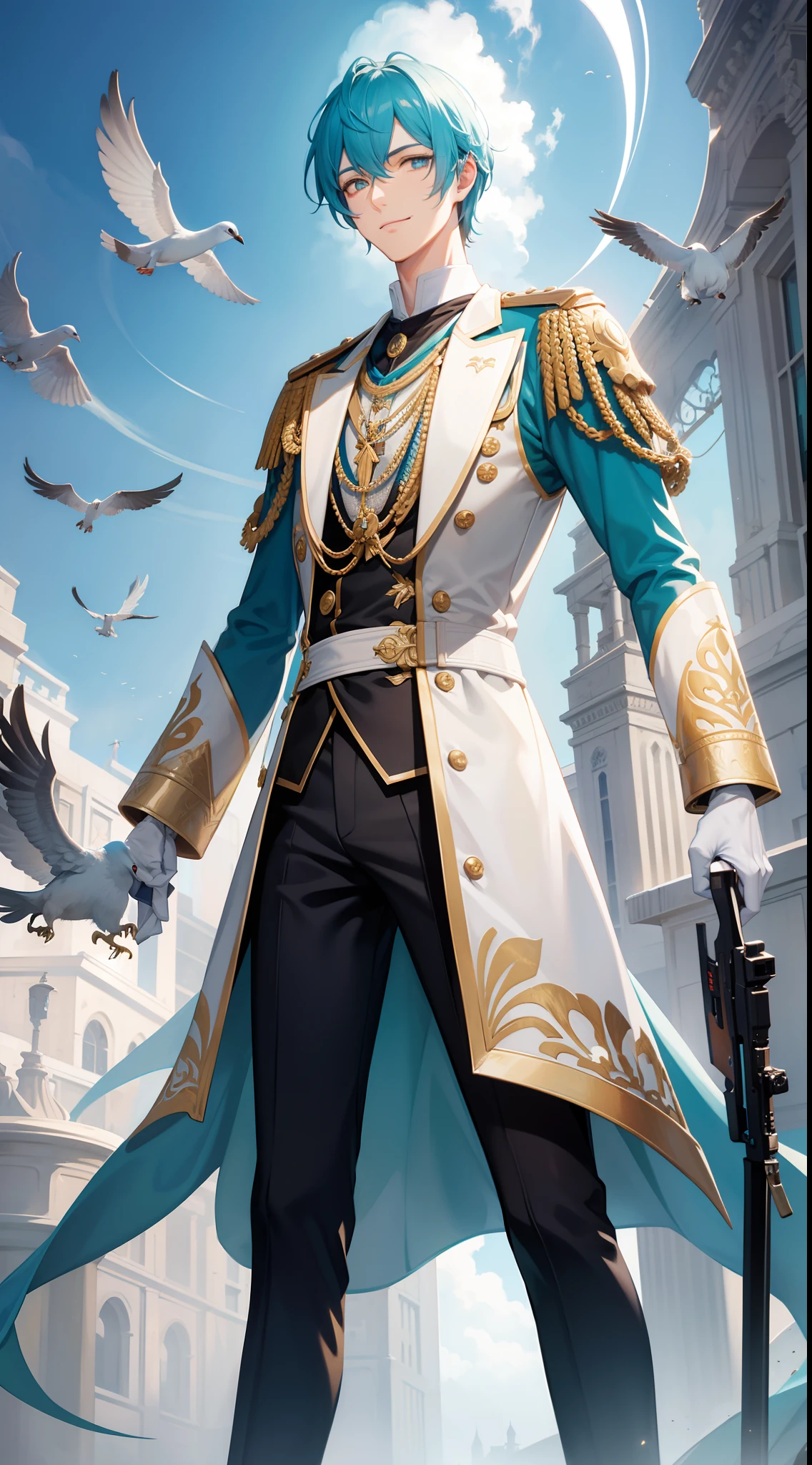 Tall guy, Stunted pigeons, Cyan eyes, ssmile, Beautiful white soldier's uniform, Gold Elements, Two magic pistols, hiquality, 4k, HD, Good detail