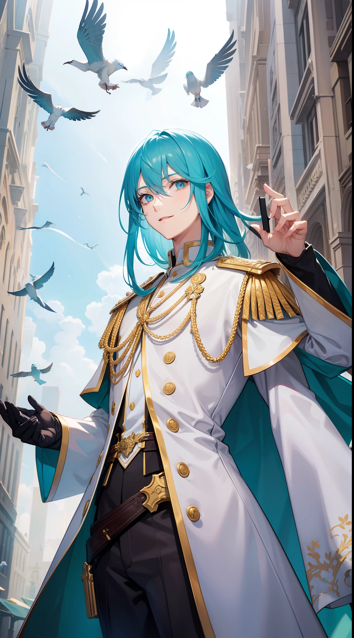 Tall guy, Stunted pigeons, Cyan eyes, ssmile, Beautiful white soldier's uniform, Gold Elements, Two magic pistols, hiquality, 4k, HD, Good detail