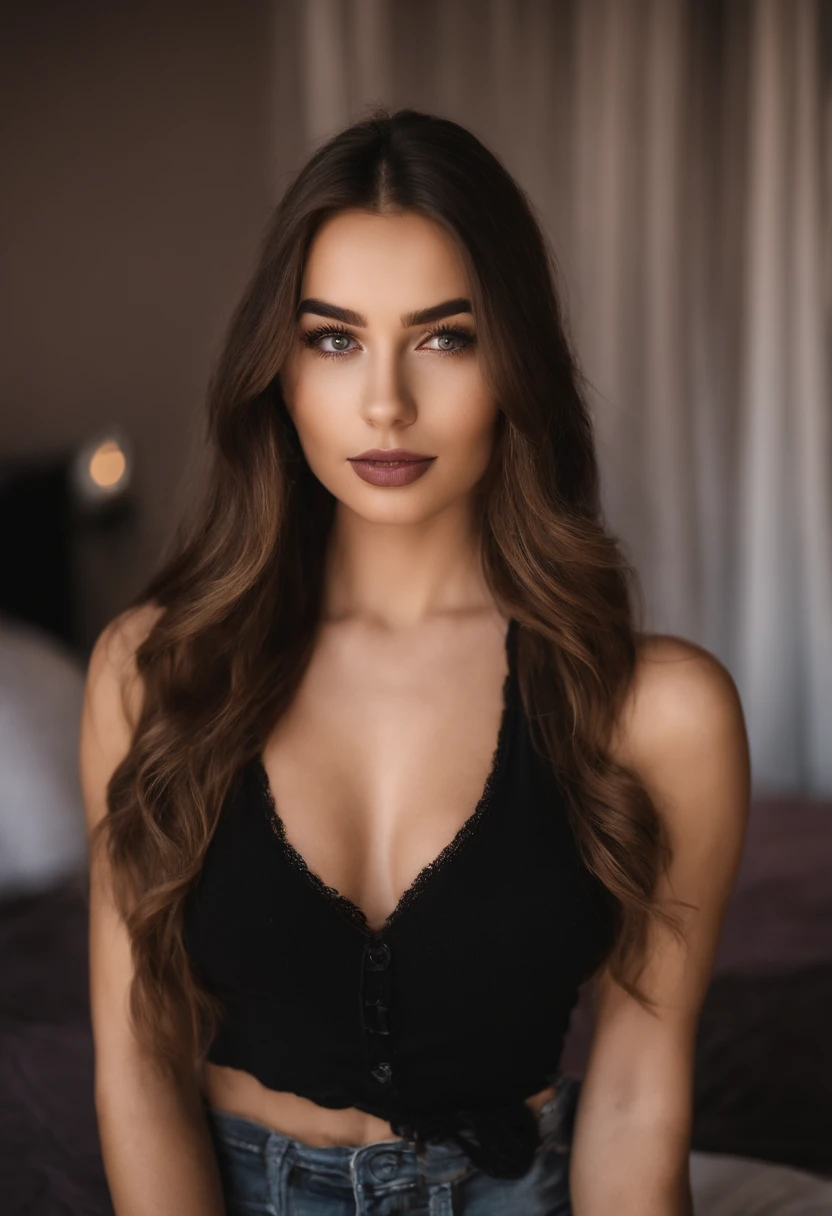 Arafed woman with matching tank top and panties, fille sexy aux yeux bruns, Portrait Sophie Mudd, cheveux bruns et grands yeux, selfie of a young woman, Yeux de chambre, Violet Myers, sans maquillage, maquillage naturel, looking straight at camera, Visage avec Artgram, Maquillage subtil, Superbe photo du corps entier, dans la chambre, clivage, bouche fermer , hispanique