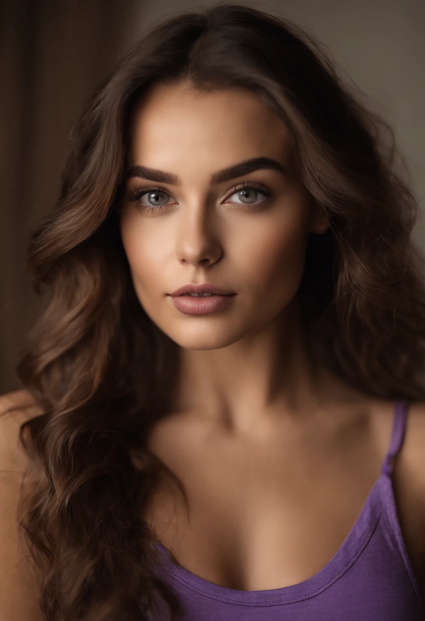 Arafed woman with matching tank top and panties, fille sexy aux yeux bruns, Portrait Sophie Mudd, cheveux bruns et grands yeux, selfie of a young woman, Yeux de chambre, Violet Myers, sans maquillage, maquillage naturel, looking straight at camera, Visage avec Artgram, Maquillage subtil, Superbe photo du corps entier, clivage, sitting at table