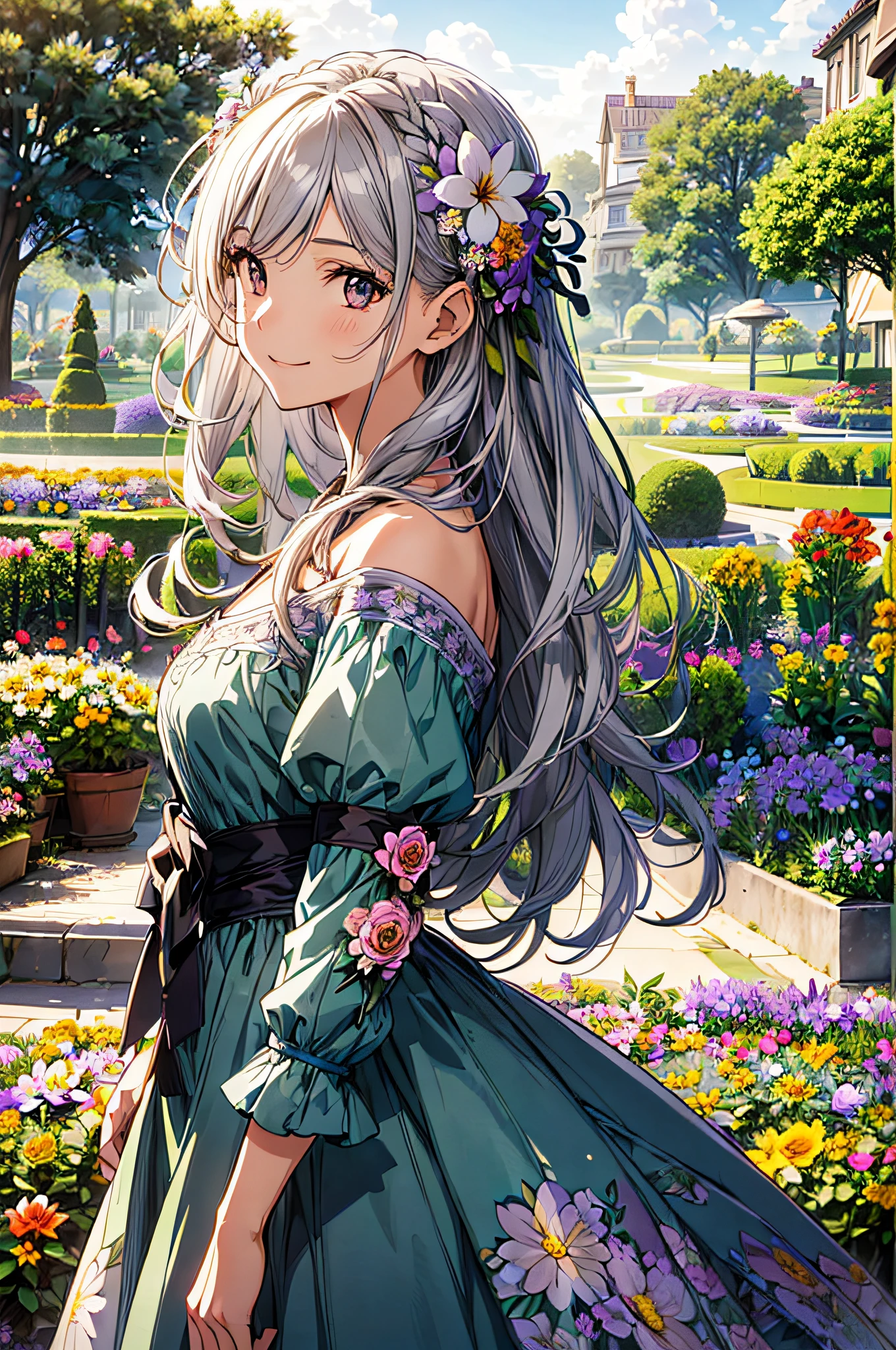 absurderes, hight resolution, (Official art, Beautiful and aesthetic:1.2), (Close View:1.2), Front composition,
1girl in, (Long hair:1.2), Gray hair, Wavy Hair, Smile,
(Everywhere in the flower garden:1.6), (Flower Effects:1.2), (Floral background:1.2), (Background filled with flowers:1.4), (Fancy backgrounds:1.1),
