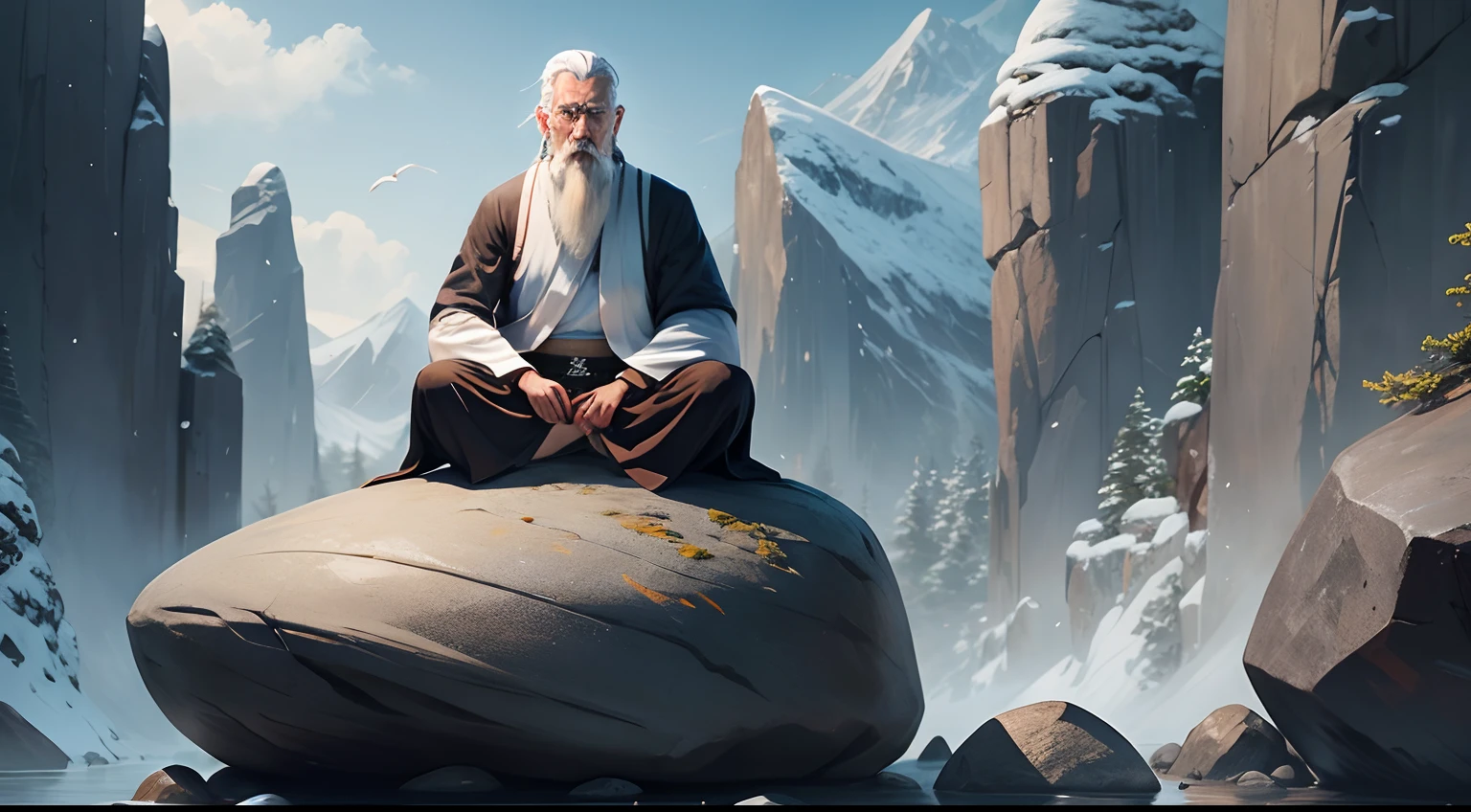 An old Zen saint with white hair and a white beard sits on a rock