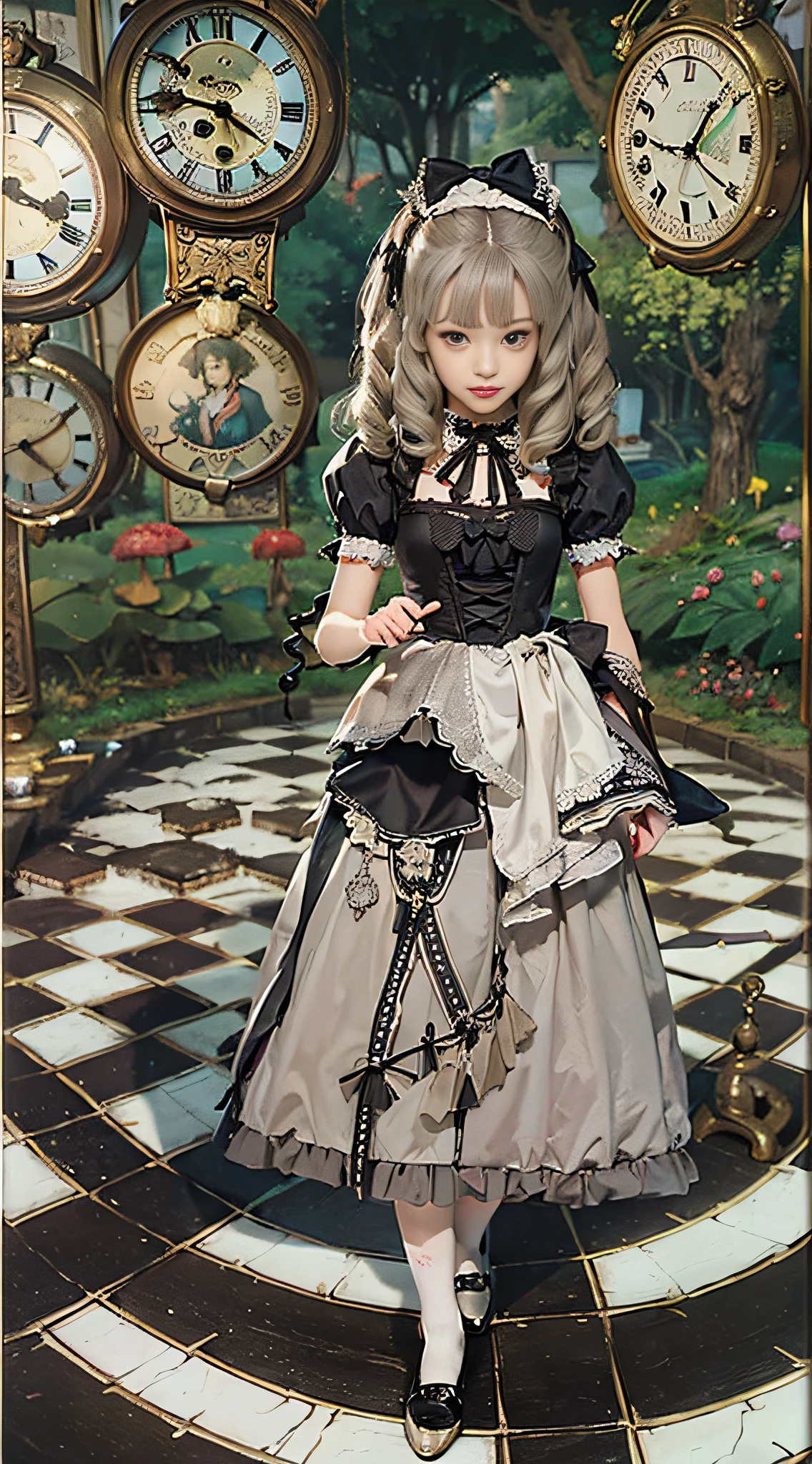 (((Masterpiece))), (((top image quality))), (((ultra-realistic depiction))), (((Alice in Wonderland in Gothic ta fashion))), (((diorama worldview))), Pocket watches, checkered floors, rabbits in tuxedos, kings and princesses in tramp bodies, poisonous mushrooms, magical lands.