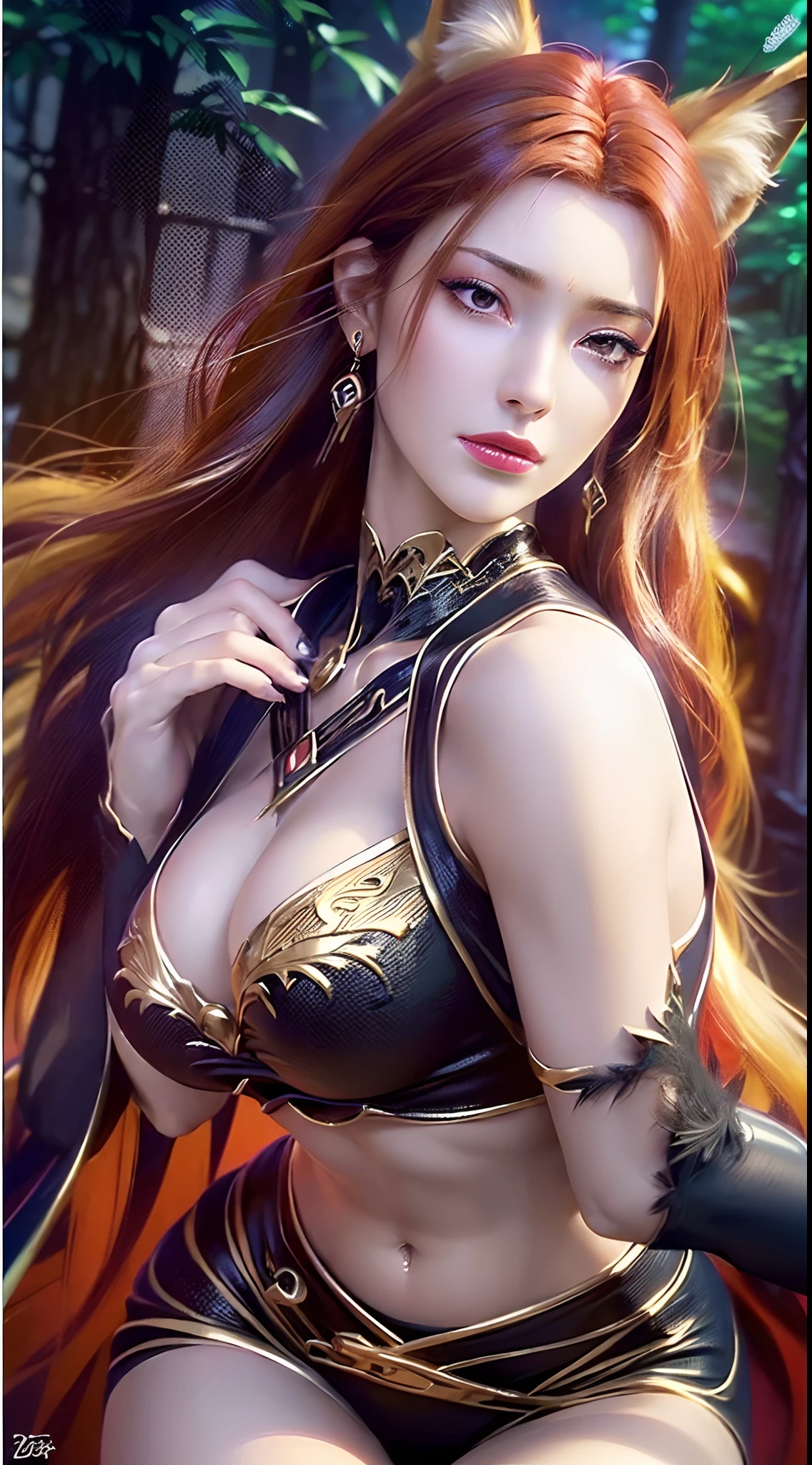 A beautiful sexy young woman as a fox,a powerful fox girl,((wearing a golden majestic armor)),((she has fo ears)),((cute face)),((pink lips)),((blushing)),((big boobs)),((big ass)),((bunn style medium blond hair)),((she has a fox tail)),((thin waist)),((sexy figure)),((posing for picture)),((in a beautiful forest)),((detailed face)),((detailed lips)),((detailed eyes)),((detailed body)),((detailed arms)),((detailed legs)),((detailed hands)),((detailed fingers)),((super high quality image)),((super high quality resolution)),((super class beauty)),((Super-class sexy))