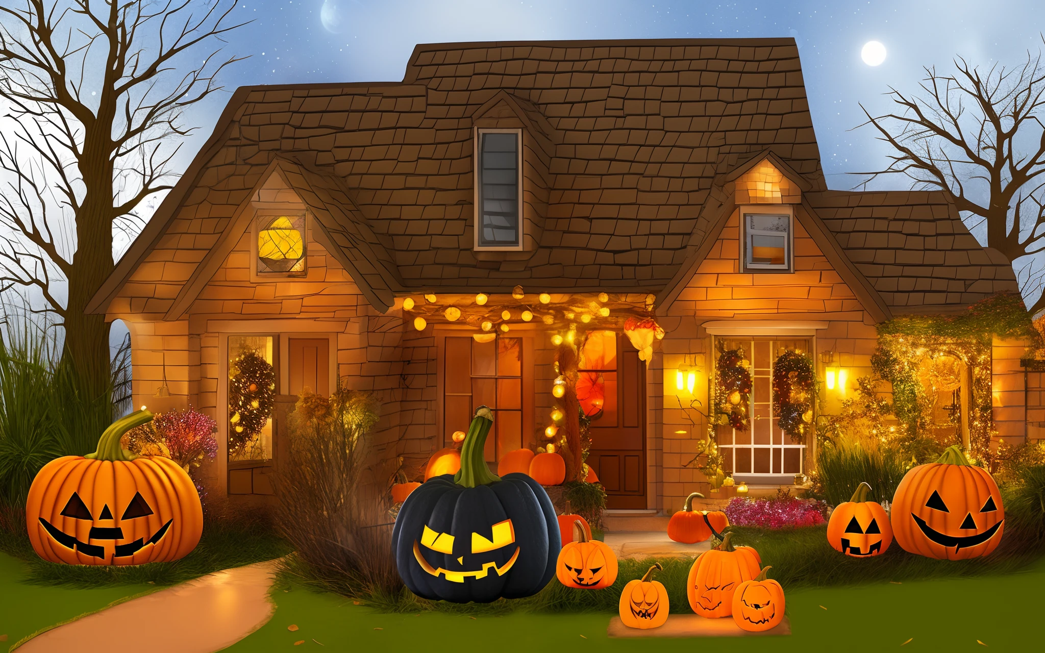Halloween pumpkins and decorations outside a house. Night view of a house with halloween decoration, digital ai --auto --s2
