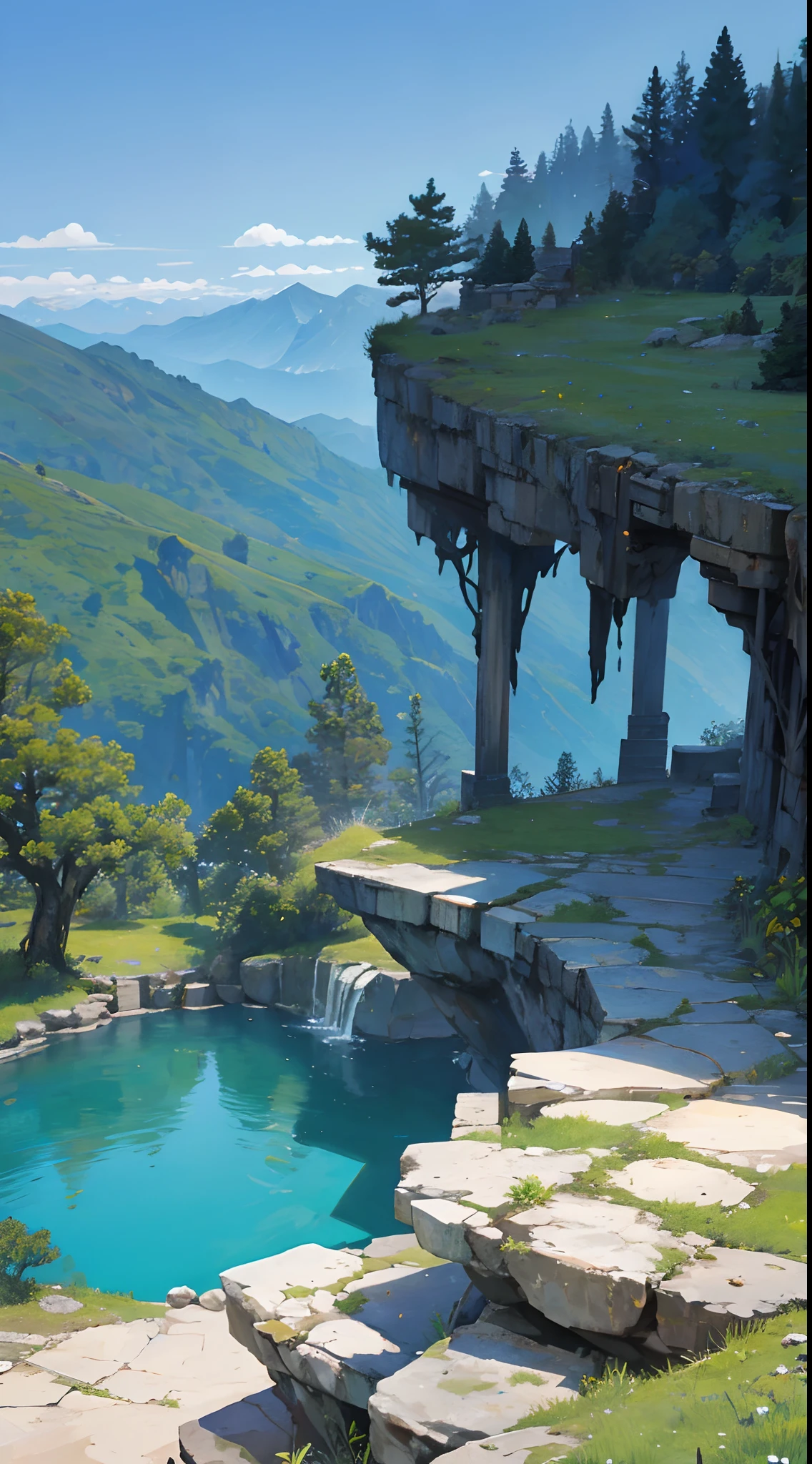 Stand on the edge of a cliff,Below is the tranquil ancient pool,nigth,The viewing angle is facing down,Deep mountains and old forests