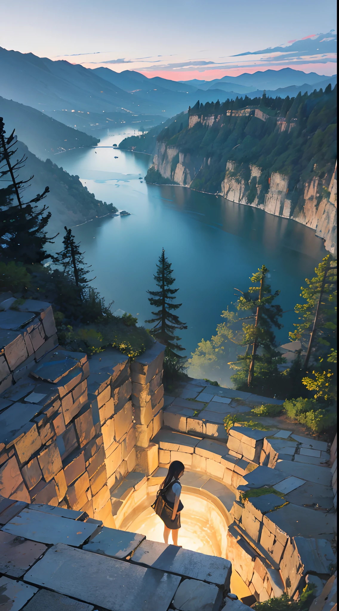 Stand on the edge of a cliff,Below is the tranquil ancient pool,nigth,The viewing angle is facing down,Deep mountains and old forests
