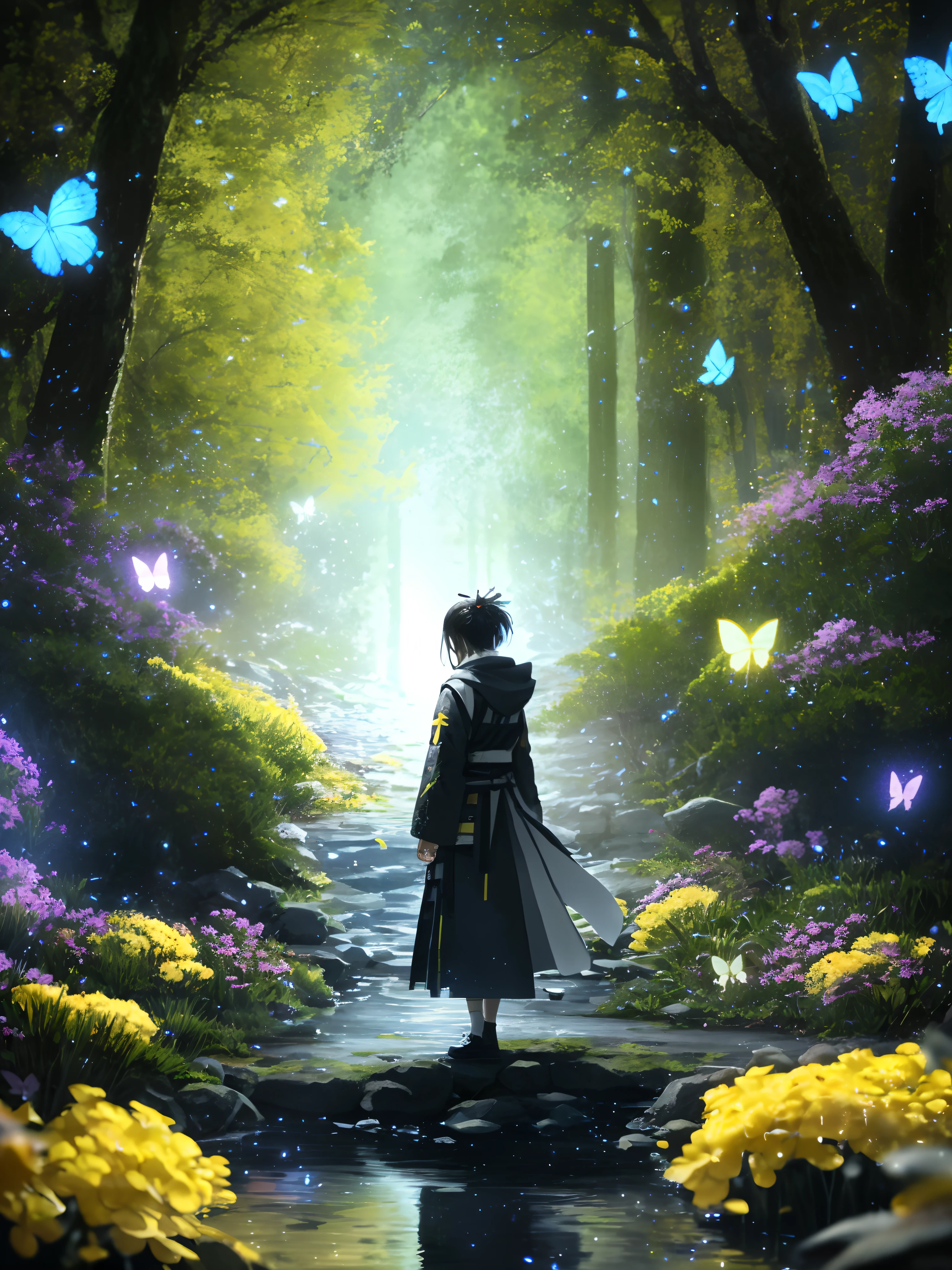 takehiko inoue, kawacy, bokeh, unreal engine 5, A hooded woman, butterfly, at the galactic forest, fireflies, flowers, petals, water, flames, particles, ultra high details, high definition, intricate, high quality, 8k,