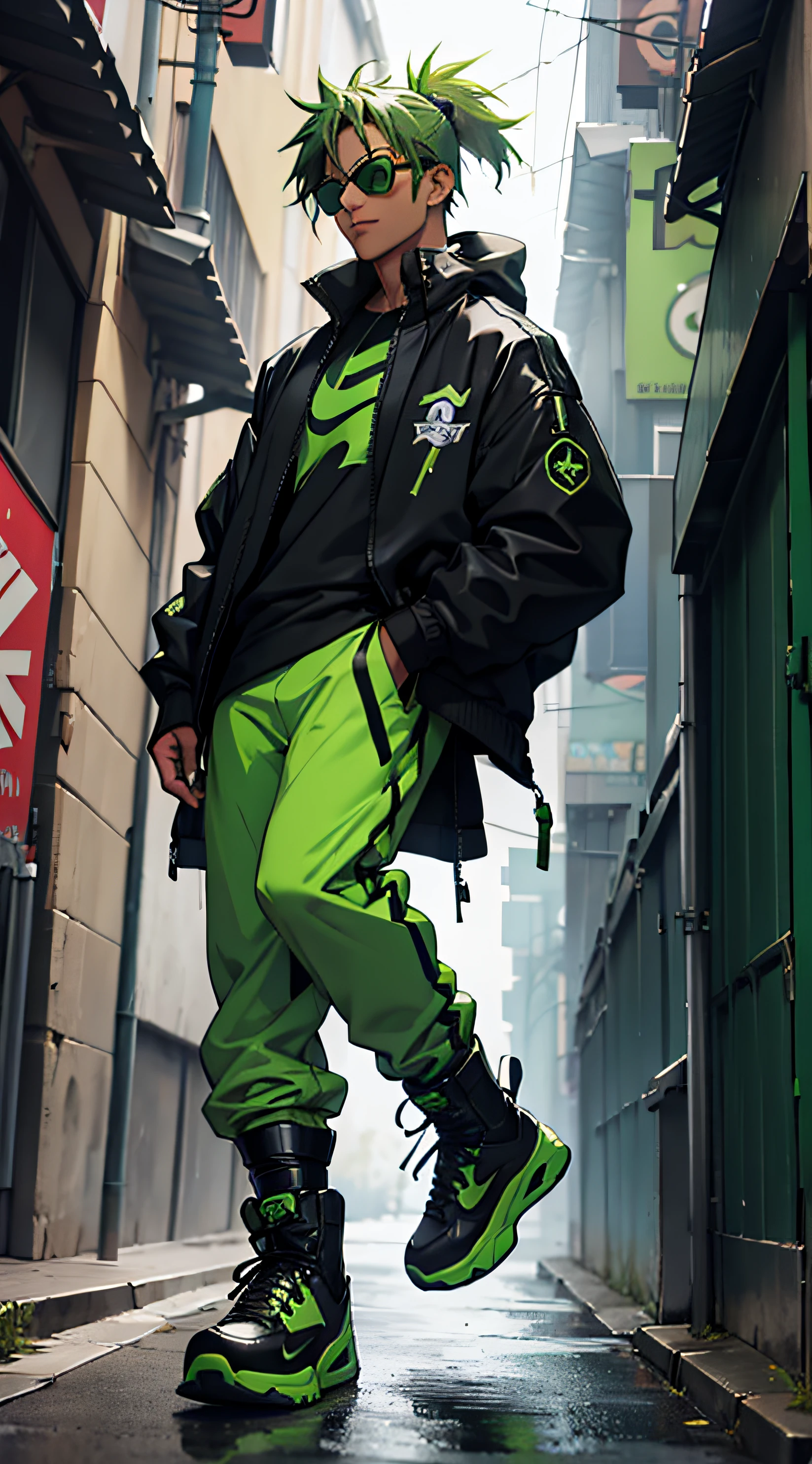 there is a man in a green outfit holding an ax, cyber punk street goon, greenskin, Shrek as Neo from the Matrix, green mascara, green colored skin!!, muscular! cyber punk, green colored skin, wearing cyber punk streetwear, cyber punk dude, realism in style of fornite game, cyber punk outfit, cyber punk style outfit
