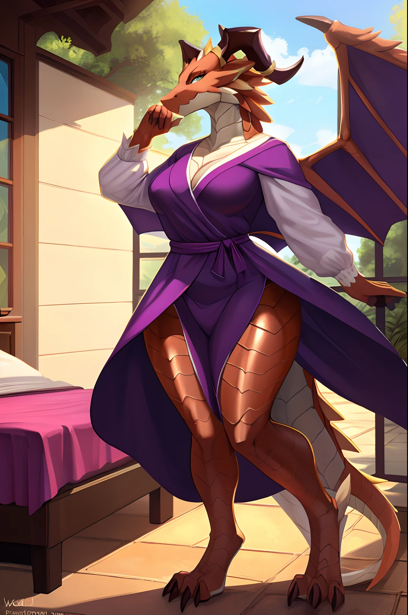 character portrait of a sexy, adult, (female:1.4), (anthro:1.2), brunhilda, horns, wings, tail, yellow eyes, purple wings, thick, (volumpous:1.2), hi res, soft shading, detailed eyes, beautiful eyes, detailed face, good anatomy, detailed scales, 1tail, tail, cinematic lighting, by woolrool, crayon \(artist\), buta99, breasts, short pink skirt, pink dress and robe, thighs, athletic, (bedroom:1.2),standing (realistic scales, scales, realistic scale texture), detailed background, outdoors, slit pupils, orange eyes, horns, wings, standing